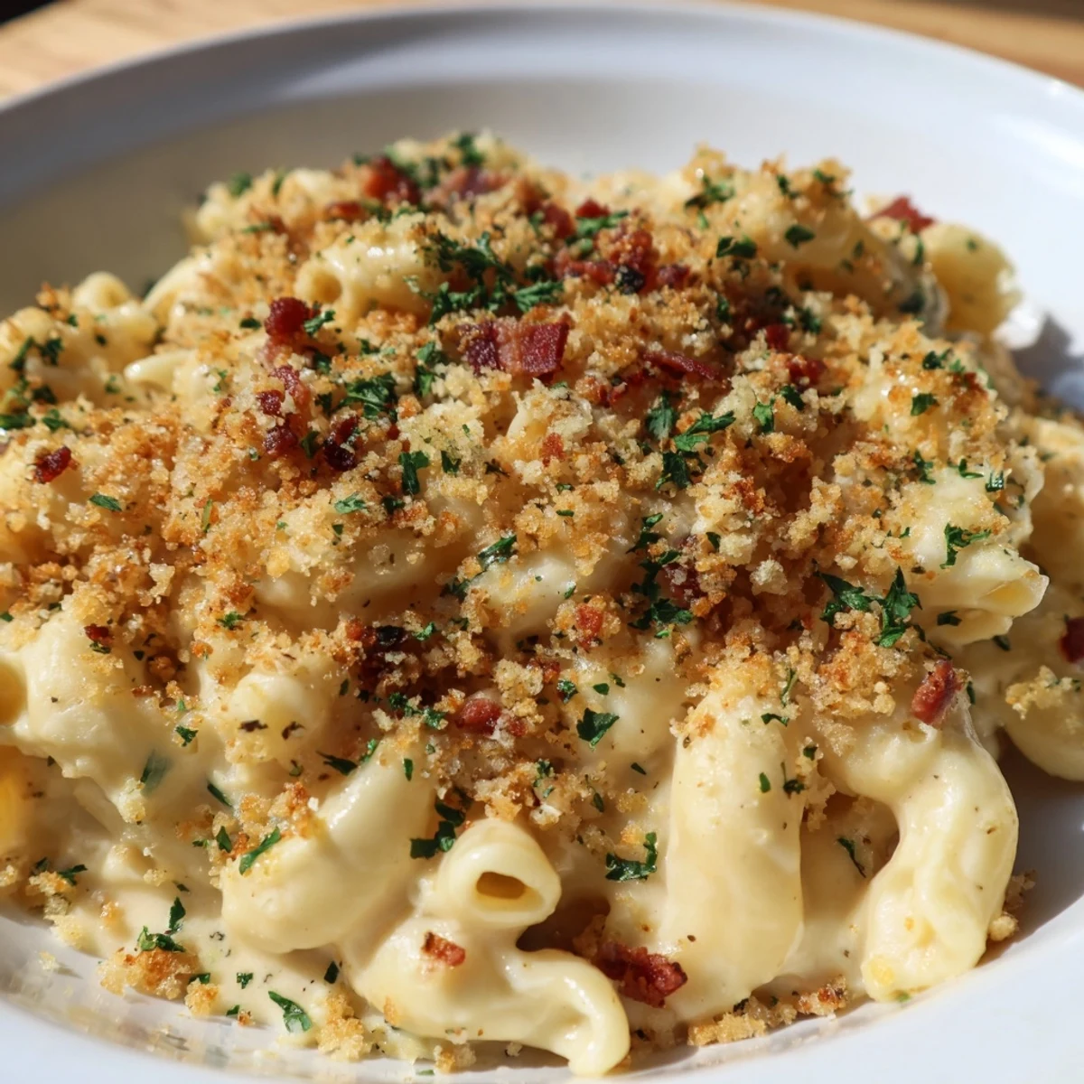 Creamy Tinis Mac and Cheese with bacon, topped with crispy bacon crumbles, ready to be enjoyed.