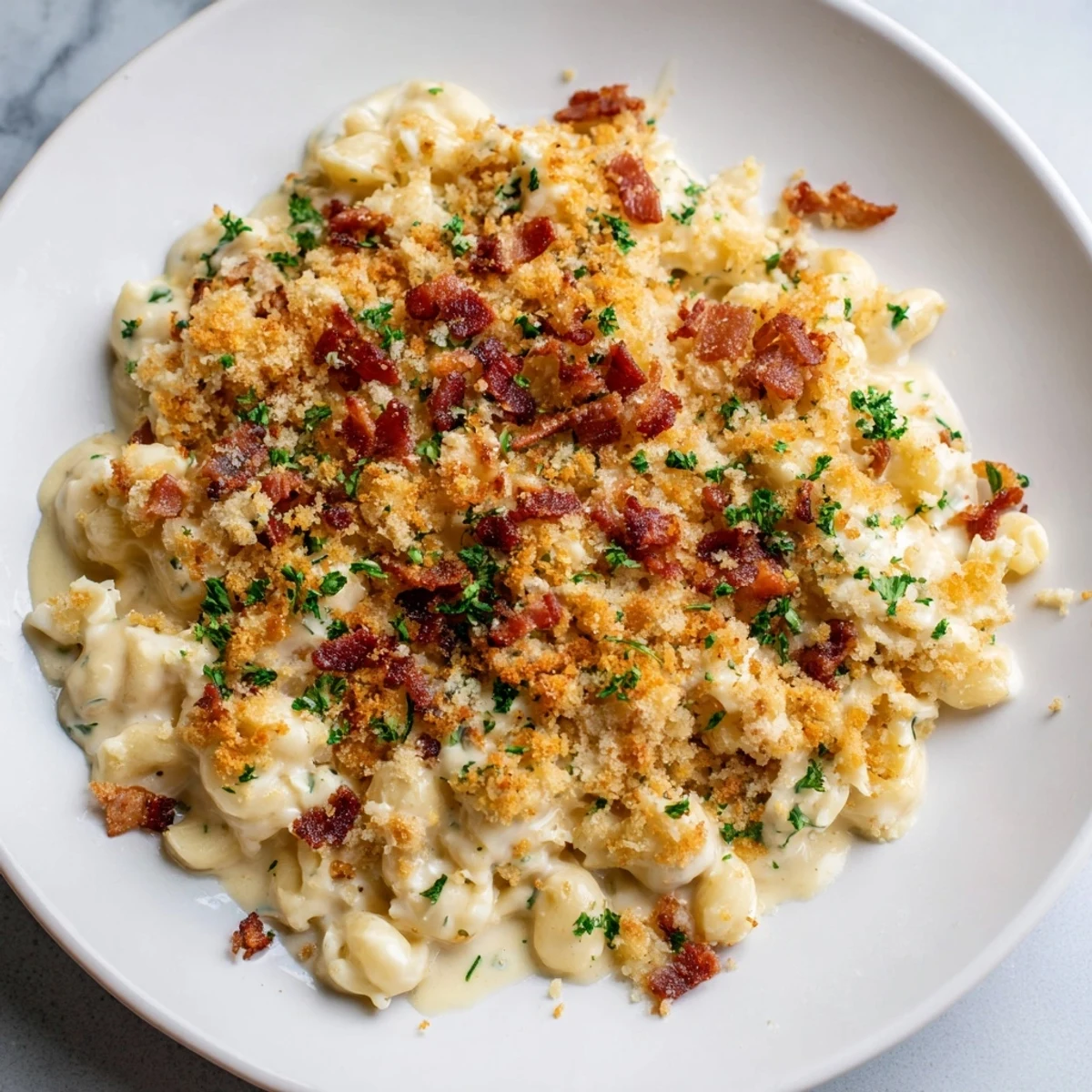 Golden, bubbly Tinis Mac and Cheese with bacon, showcasing the crispy bacon and rich cheese sauce.