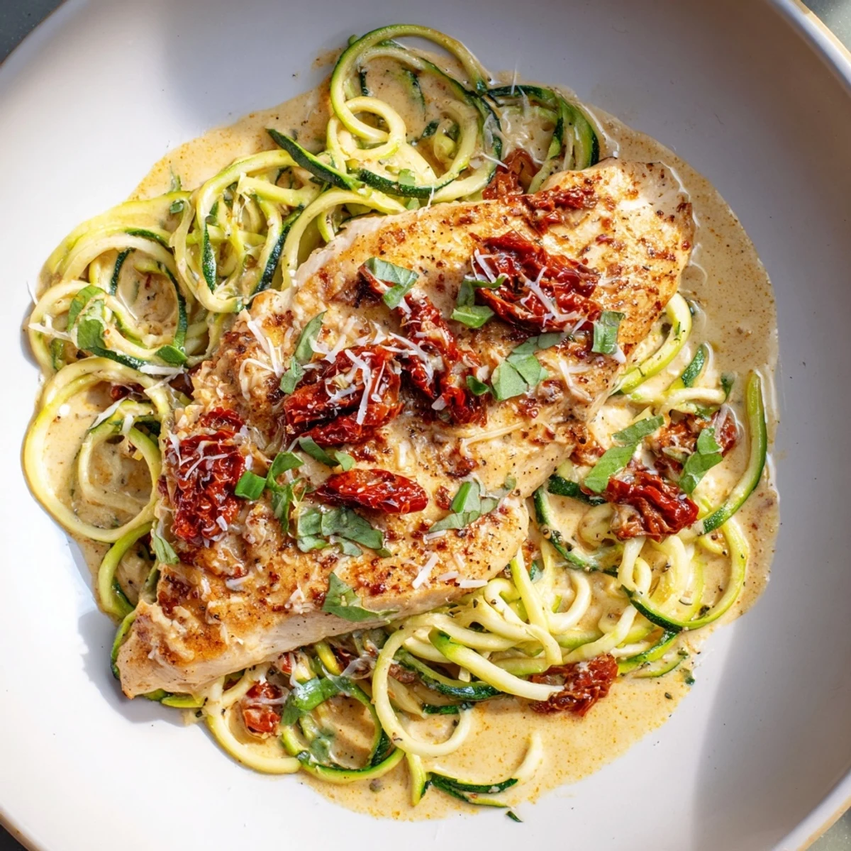 Zesty Marry Me Chicken Zoodles with sun-dried tomatoes; imagine the delightful Italian-American flavors.