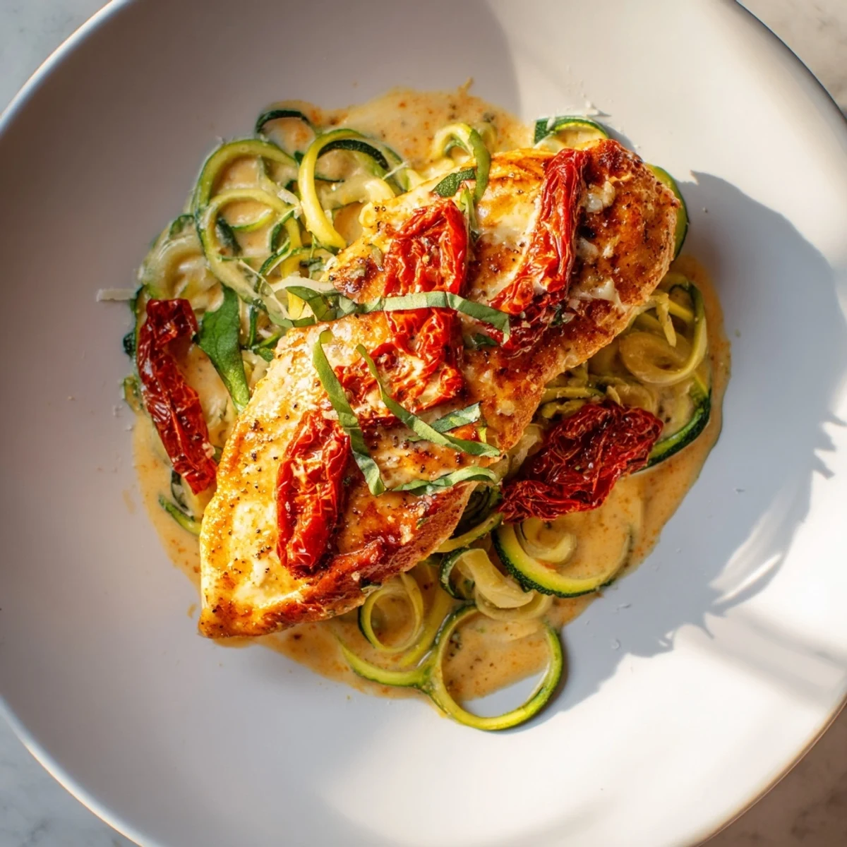 Marry Me Chicken Zoodles, creamy sauce coats juicy chicken and fresh zucchini noodles in the skillet.