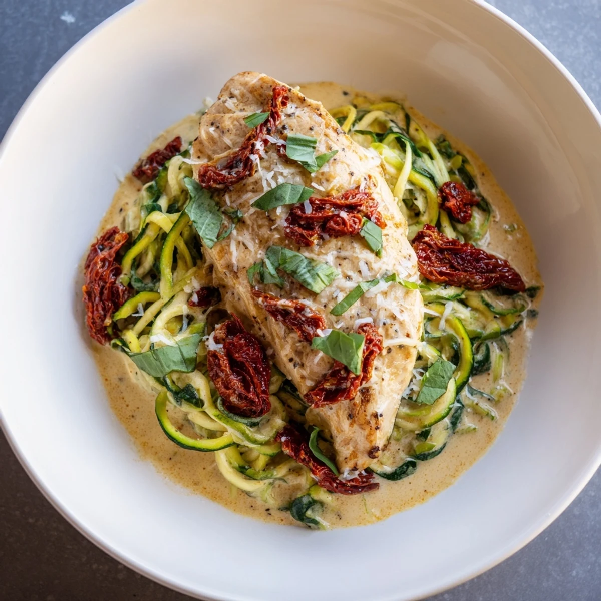 A beautiful close-up of Marry Me Chicken Zoodles, showcasing the creamy sauce and tender chicken.