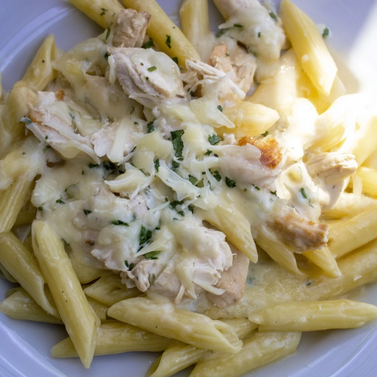 A steaming bowl of Tinis Creamy Chicken Pasta, garnished with fresh parsley and Parmesan cheese.
