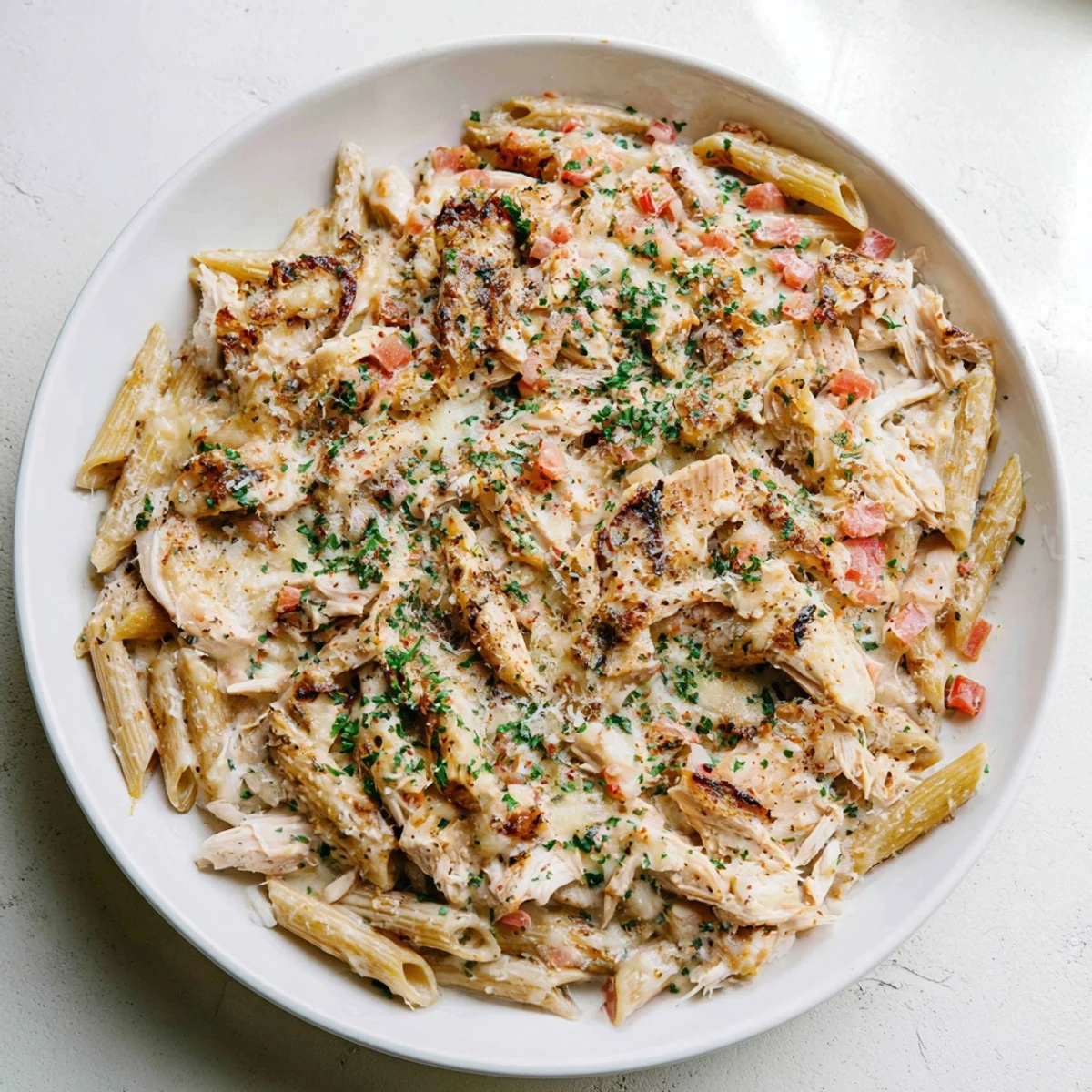 Close-up of Tinis Creamy Chicken Pasta, showcasing the silky sauce coating each penne noodle.