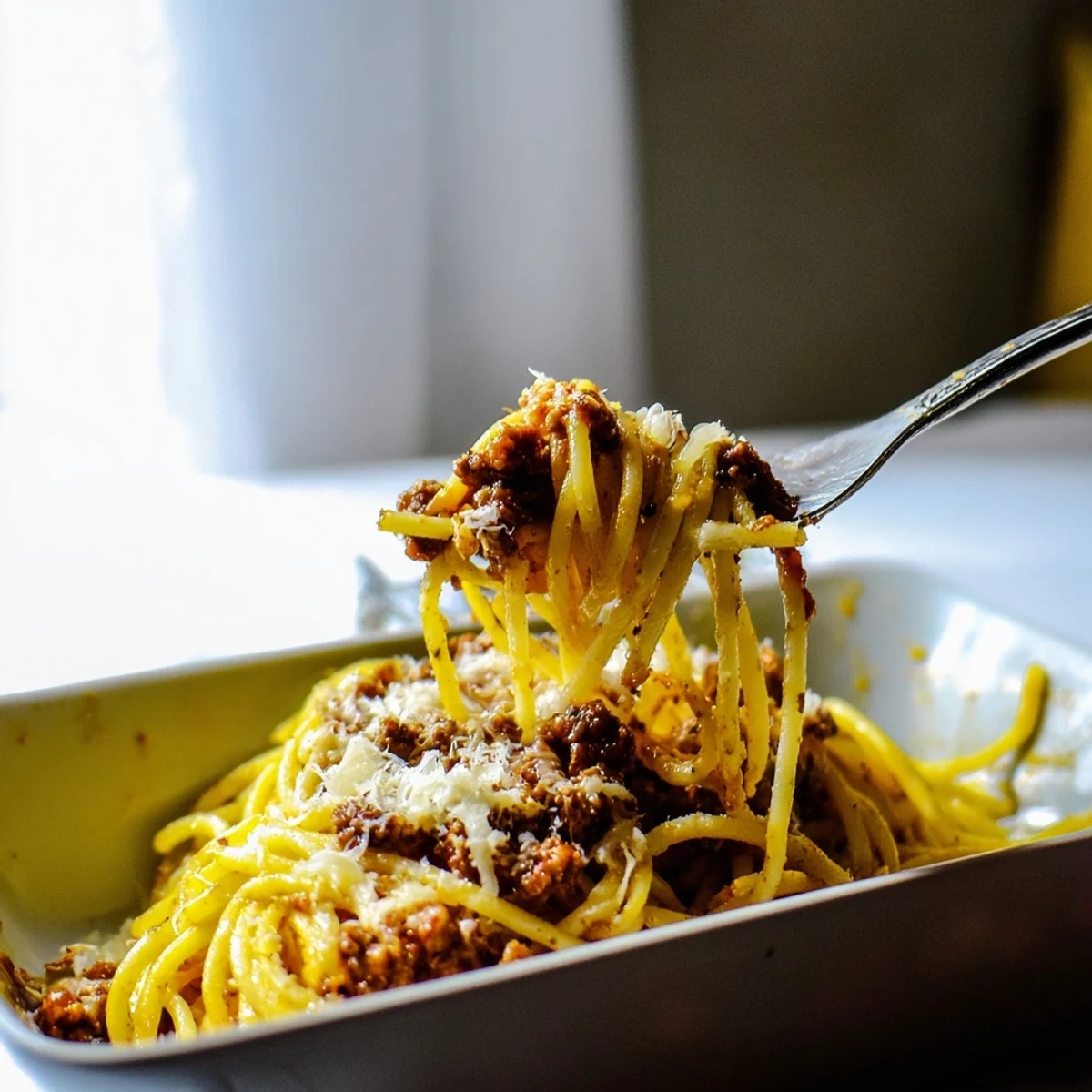 A bubbling dish of Tini's Baked Spaghetti, cheese melted over a rich meat sauce, is ready to serve.