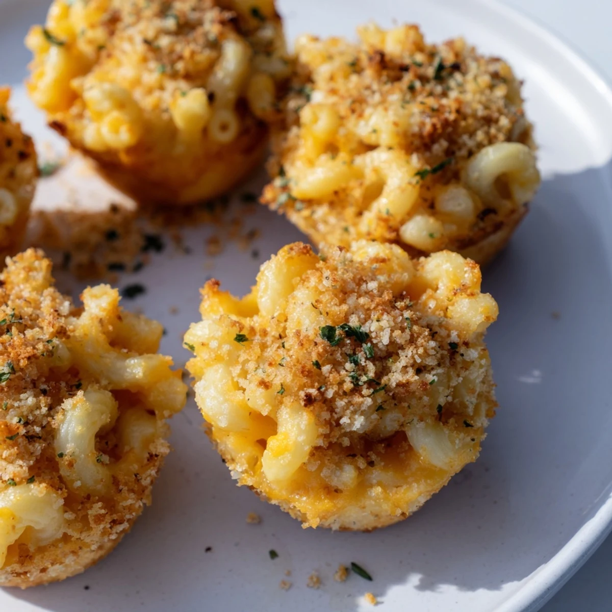 Goldbraune Tinis Mac and Cheese Muffins, dampfend heiß, mit knuspriger Kruste und geschmolzenem Käse, perfekt.