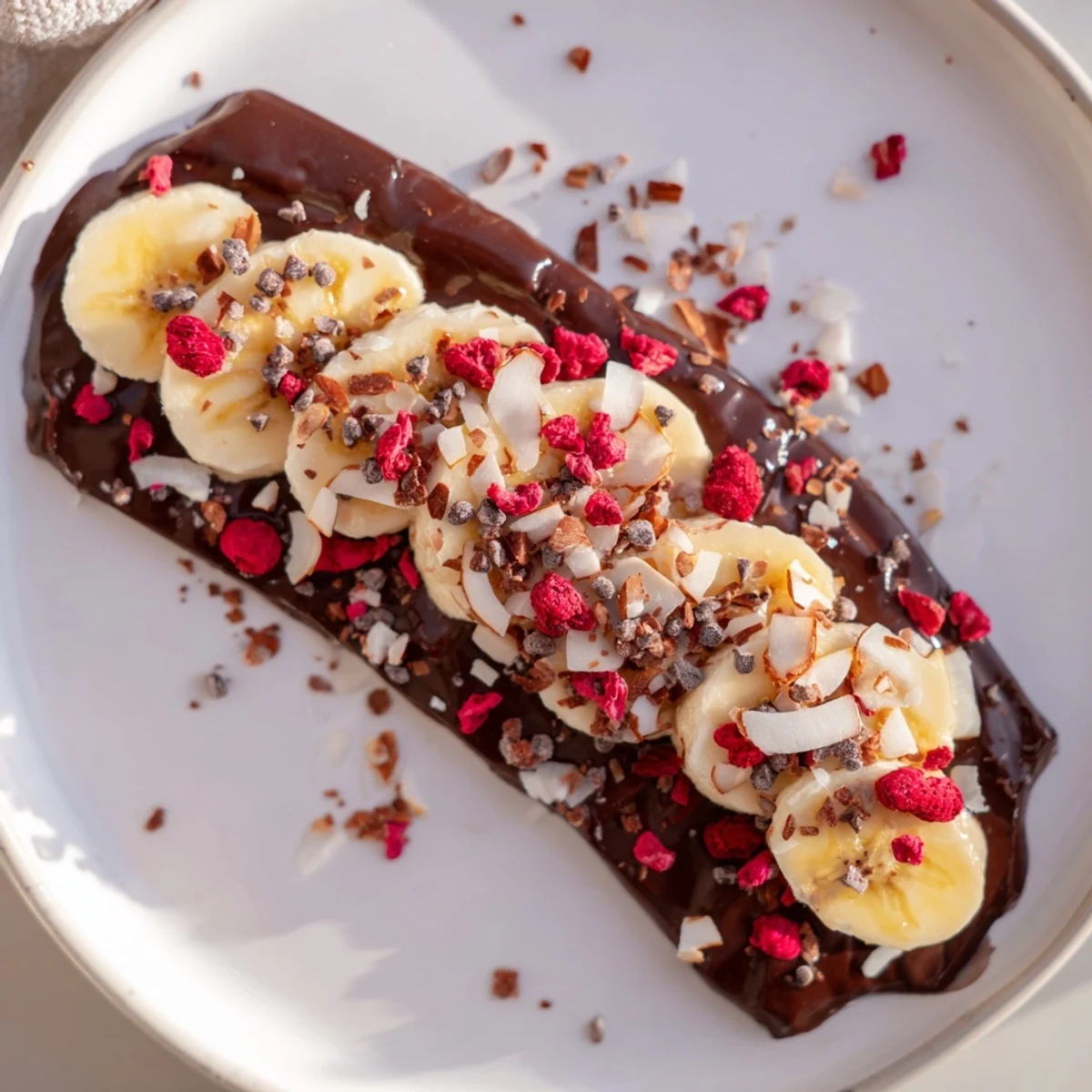 Melted chocolate covers banana slices in this photo of delightful chocolate banana bark.
