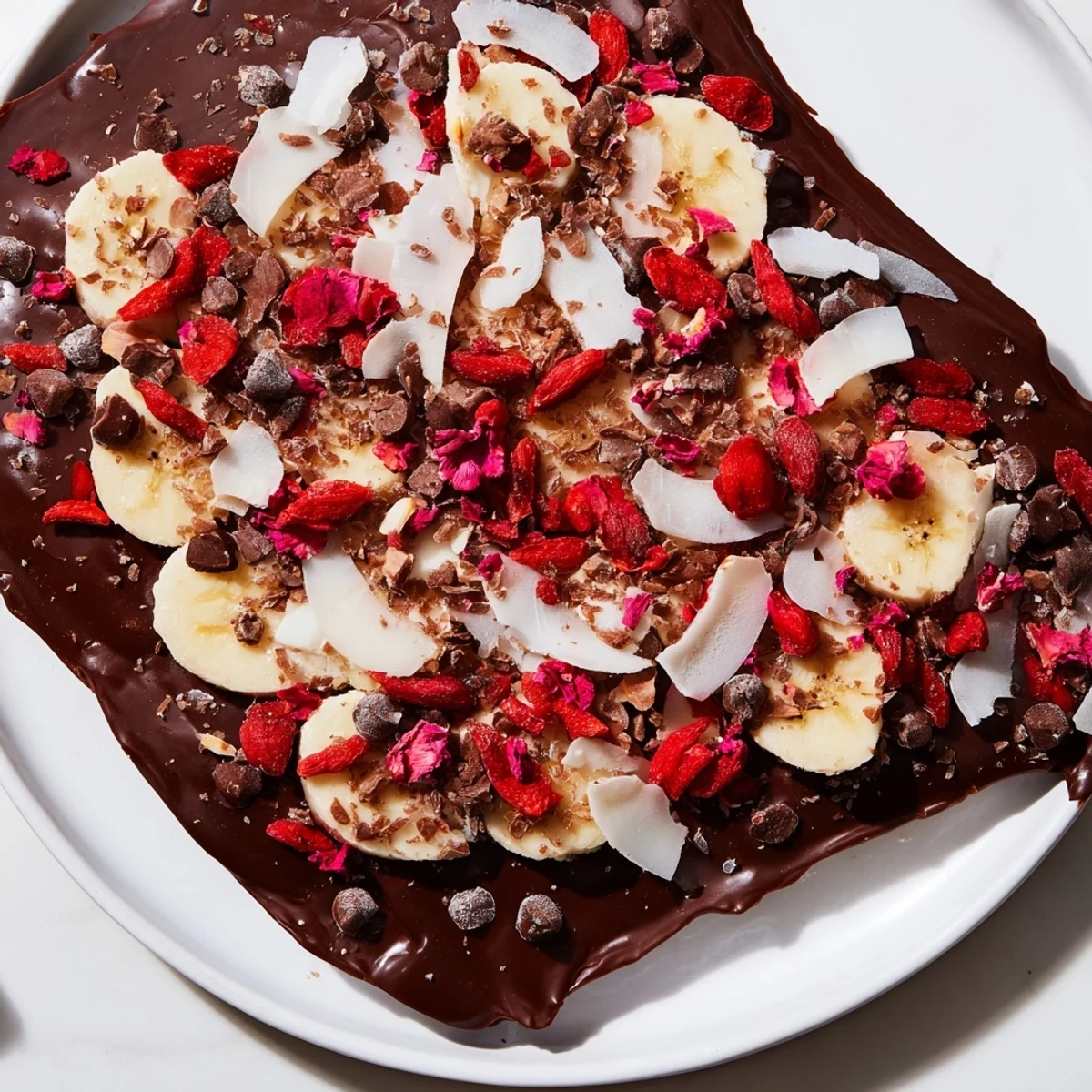 This close-up showcases vibrant chocolate banana bark, studded with crunchy almonds and shredded coconut.