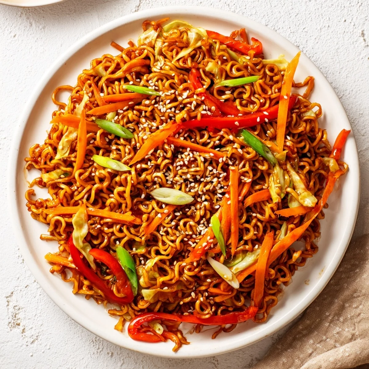 Vivid spicy ramen stir fry with springy noodles and colorful vegetables in a rich, glossy sauce.