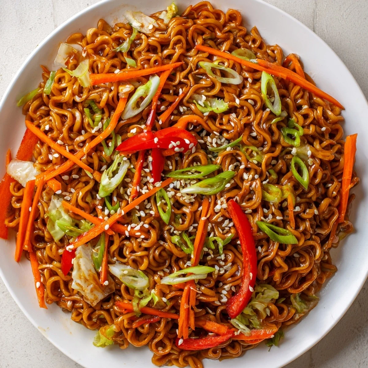 Close-up of a steaming bowl of spicy ramen stir fry, a quick and delicious weeknight dinner.