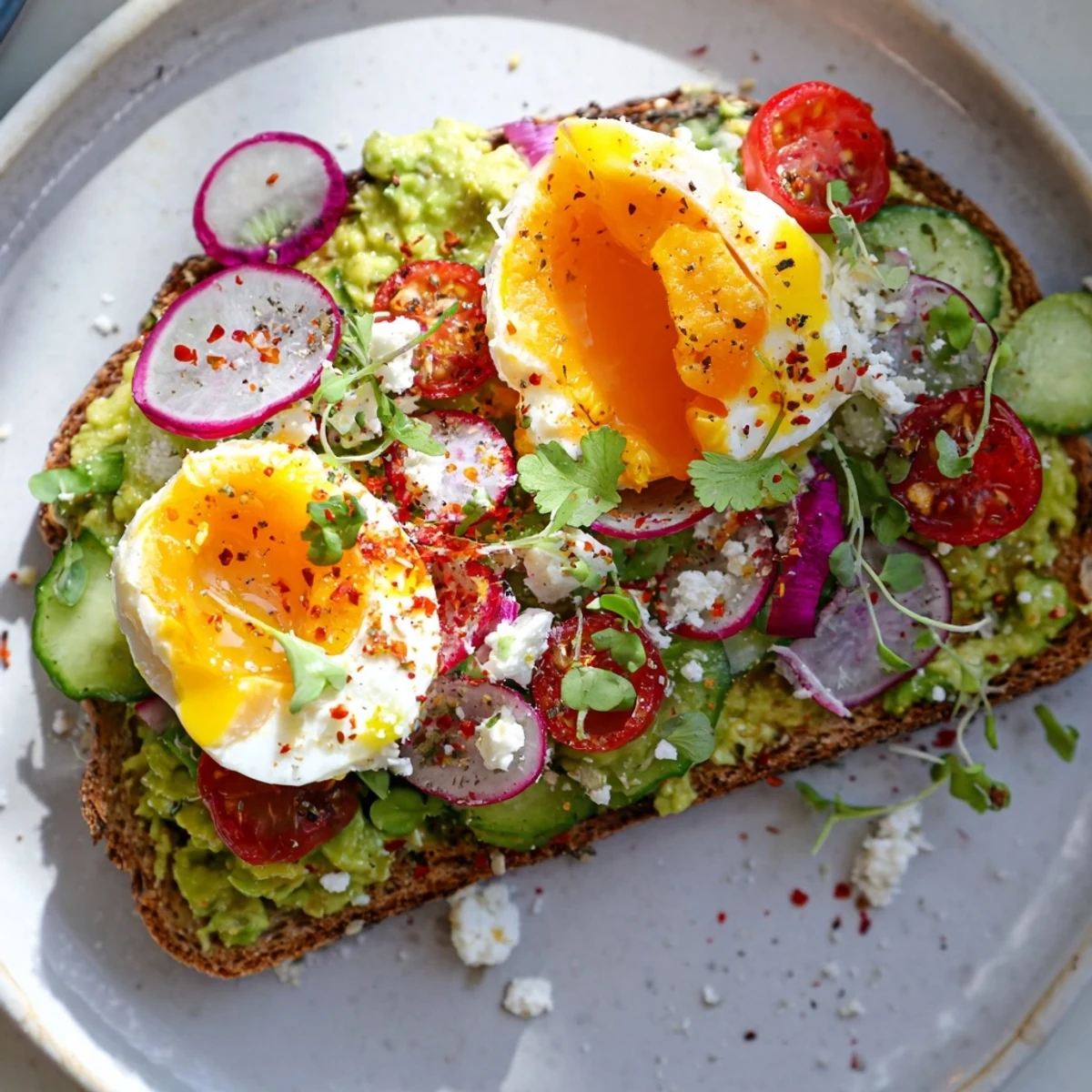 Creamy loaded avocado toast with a perfectly cooked egg, ready to eat for brunch.