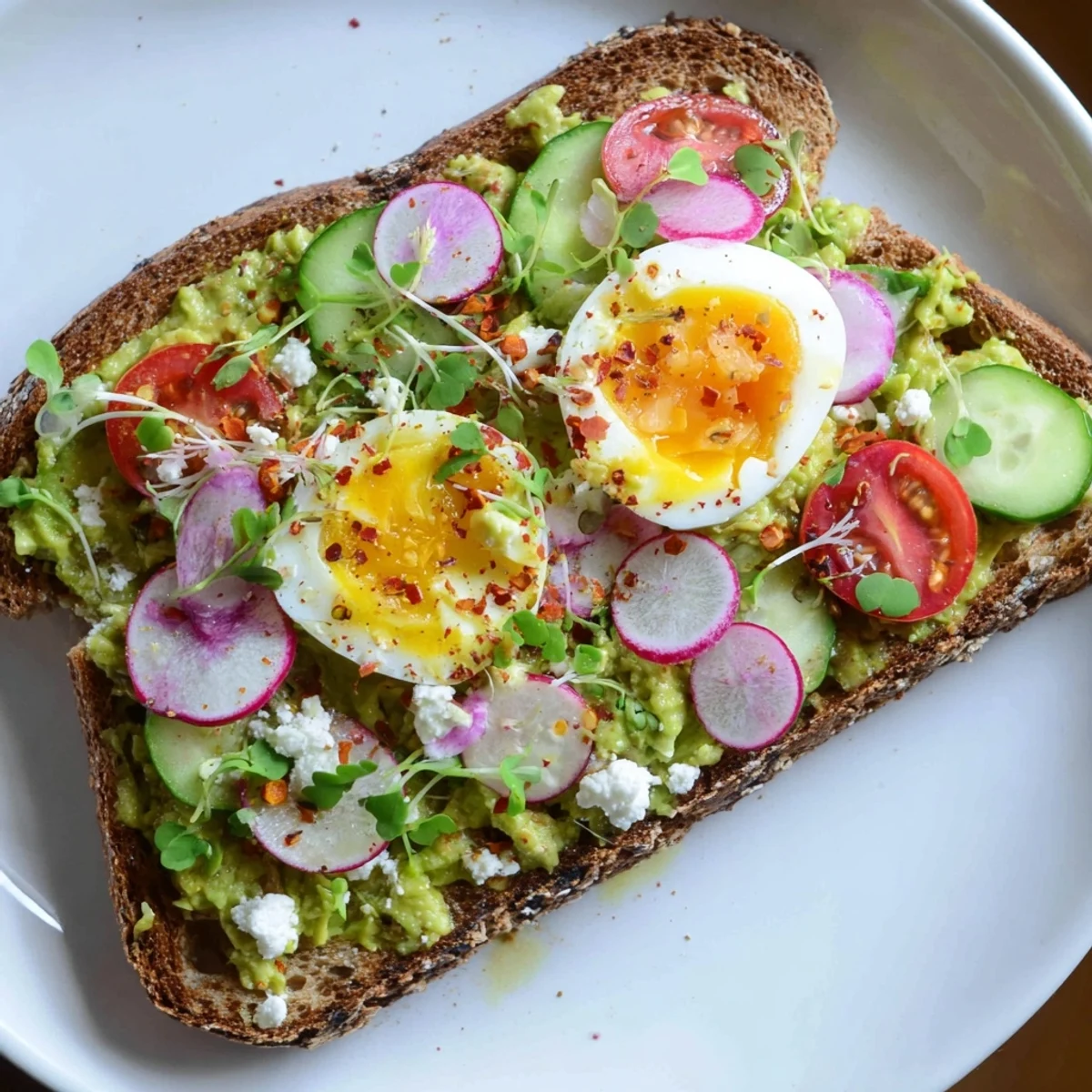 Enjoy a delicious bite of colorful loaded avocado toast with feta and fresh herbs.