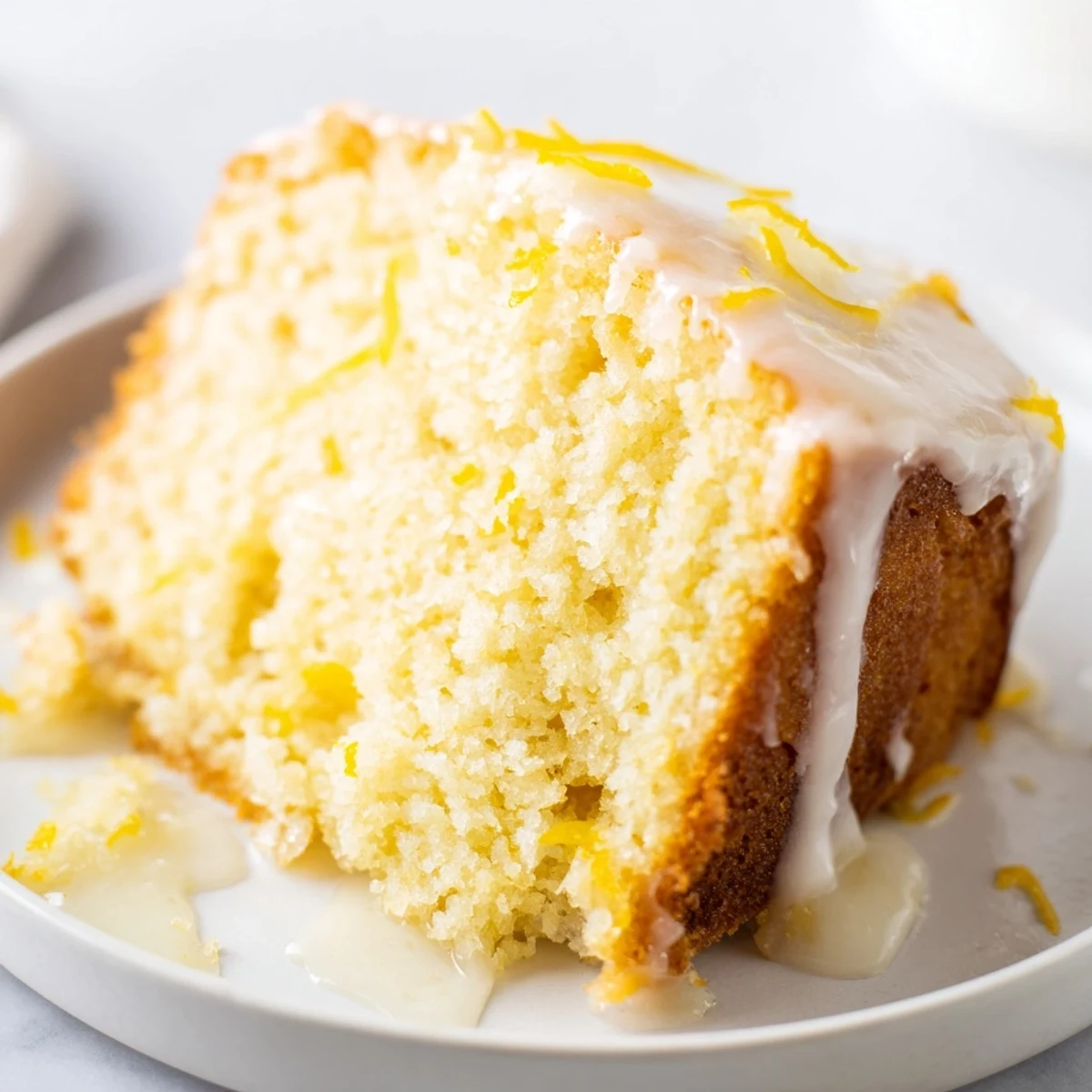 Moist slice of Lemon Yogurt Cake, drizzled with glaze, ready to be enjoyed with tea.