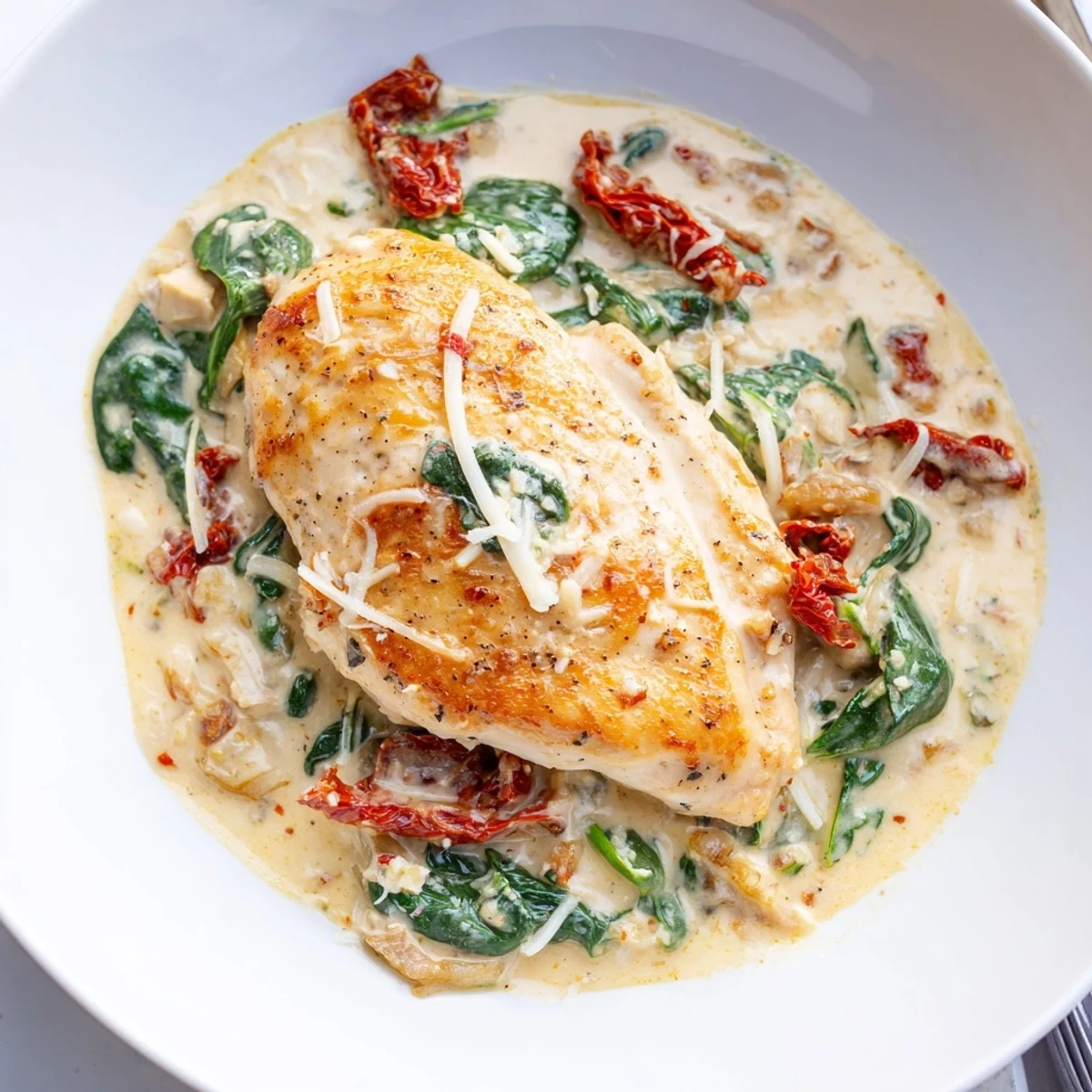 Tender Creamy Tuscan Chicken breasts bathed in a rich, garlicky sauce, ready to serve with Parmesan.