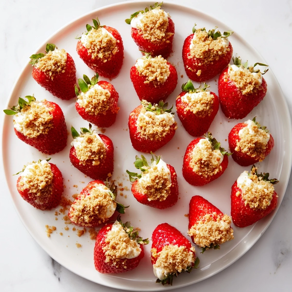 Bright red Cheesecake Stuffed Strawberries, topped with graham cracker crumbs, a perfect party dessert.