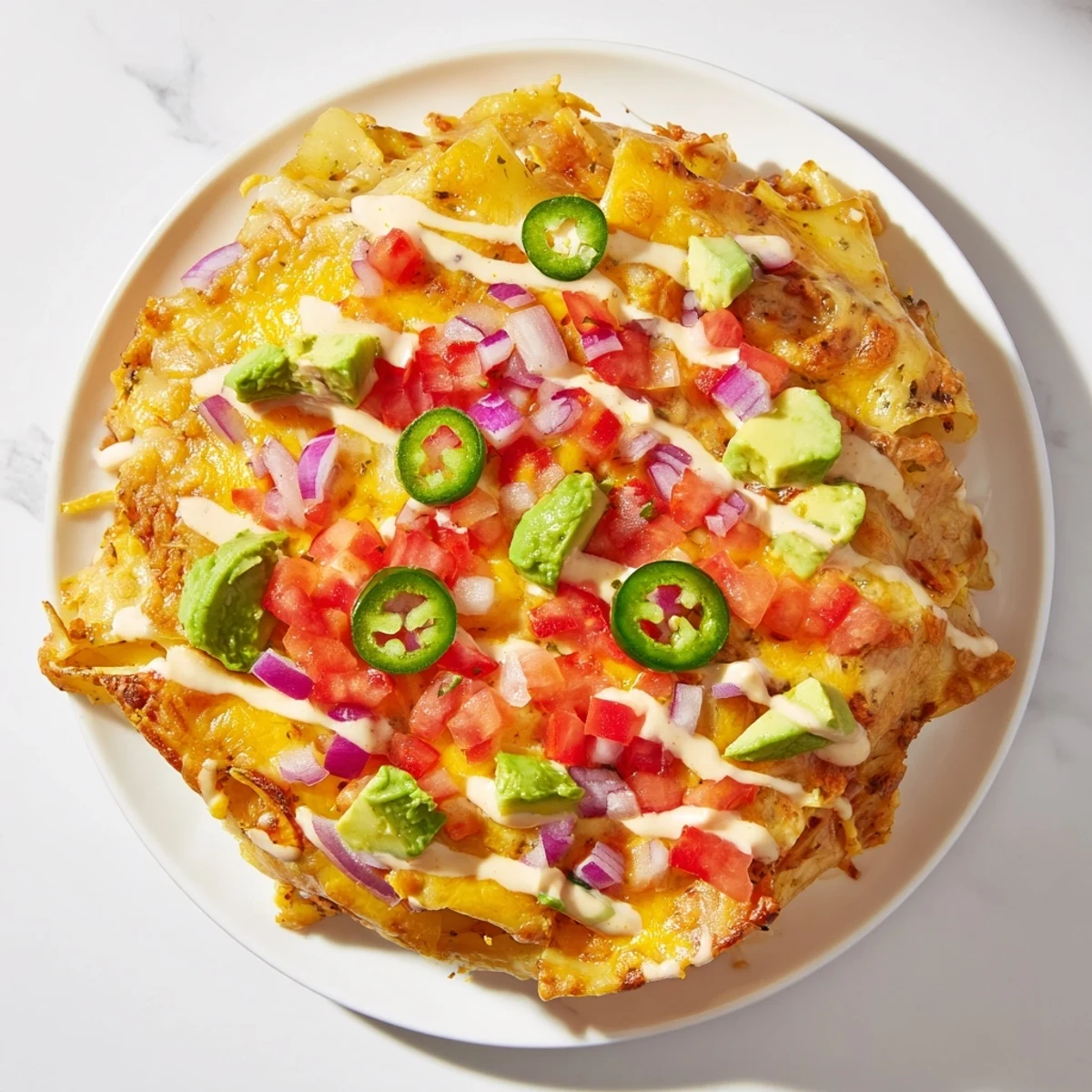 Golden, cheesy Pasta Chips Nachos with fresh toppings, ready to enjoy as a flavorful appetizer.