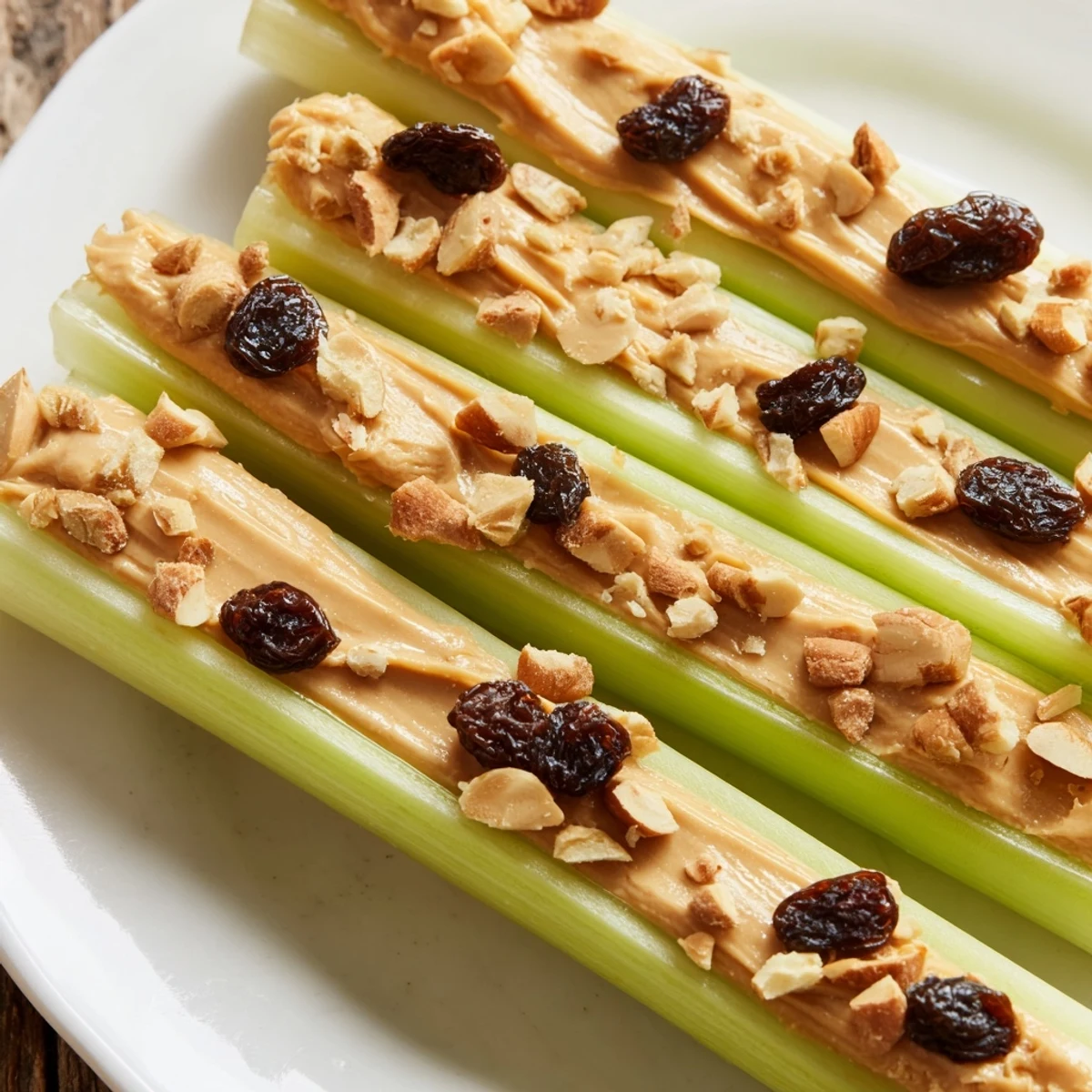 Knackige, cremige Peanut Butter Celery Sticks machen einen schnellen, nahrhaften Snack.