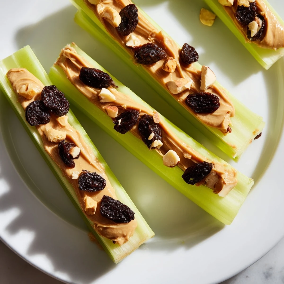Kühle, mit Peanut Butter gefüllte Celery Sticks mit optionalen Rosinen und Erdnüssen, ideal zum Servieren.
