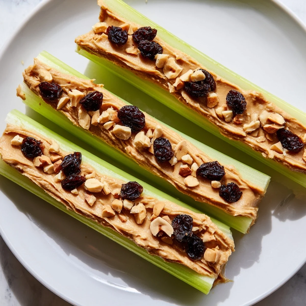 Nahaufnahme von Peanut Butter Celery Sticks: Frisches Sellerie mit cremiger Peanut Butter und Toppings.