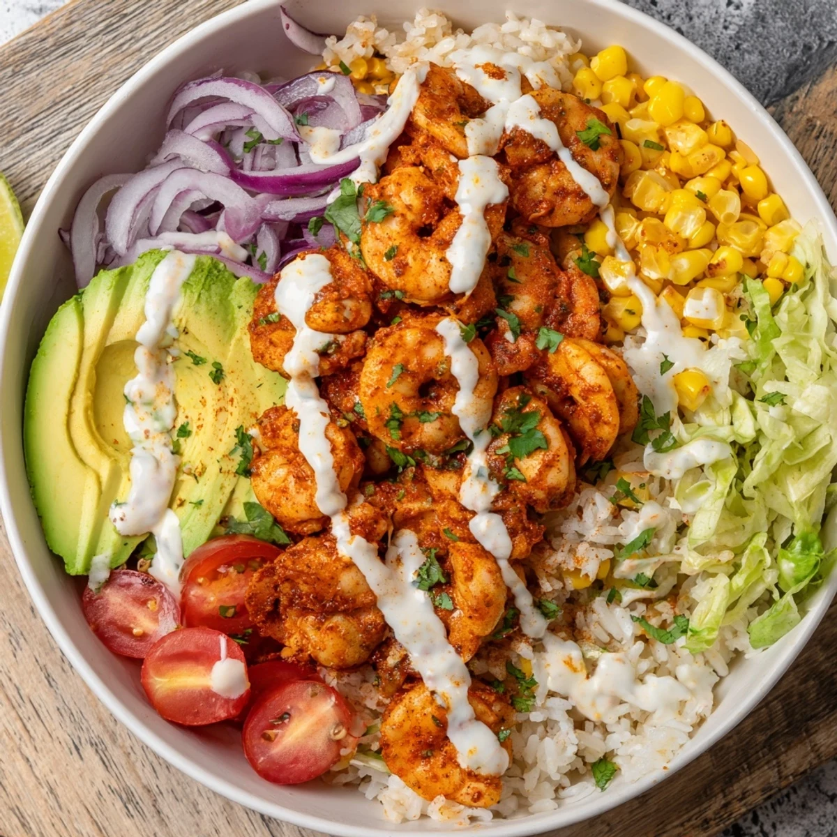 A bowl of vibrant Cajun Shrimp Taco Bowls with fluffy rice, fresh toppings, and creamy sauce.