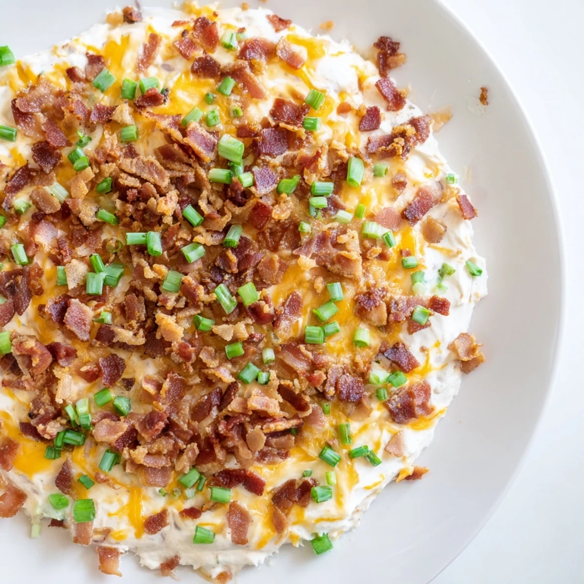 Creamy, bubbly Cheesy Bacon Ranch Dip fresh from the oven, served with crunchy tortilla chips for dipping.
