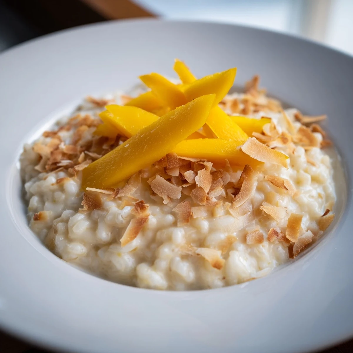 Creamy, comforting toasted coconut rice pudding, warm and inviting with visible coconut flakes.