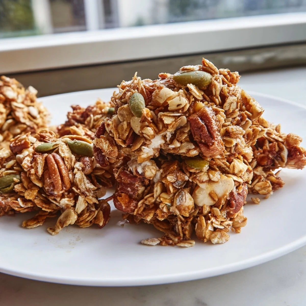 Golden-brown Honey Nut Granola Clusters, baked to a perfect crispness, ready to be enjoyed as a snack.