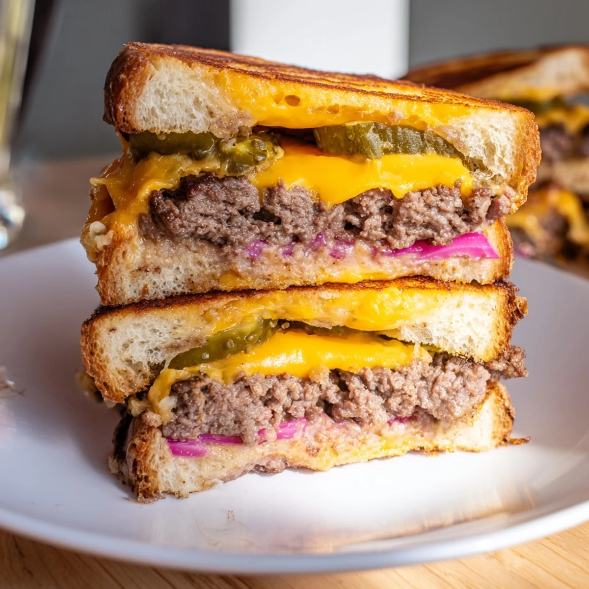 Crispy edges meet gooey cheese in this image of a delicious Smashed Burger Grilled Cheese.