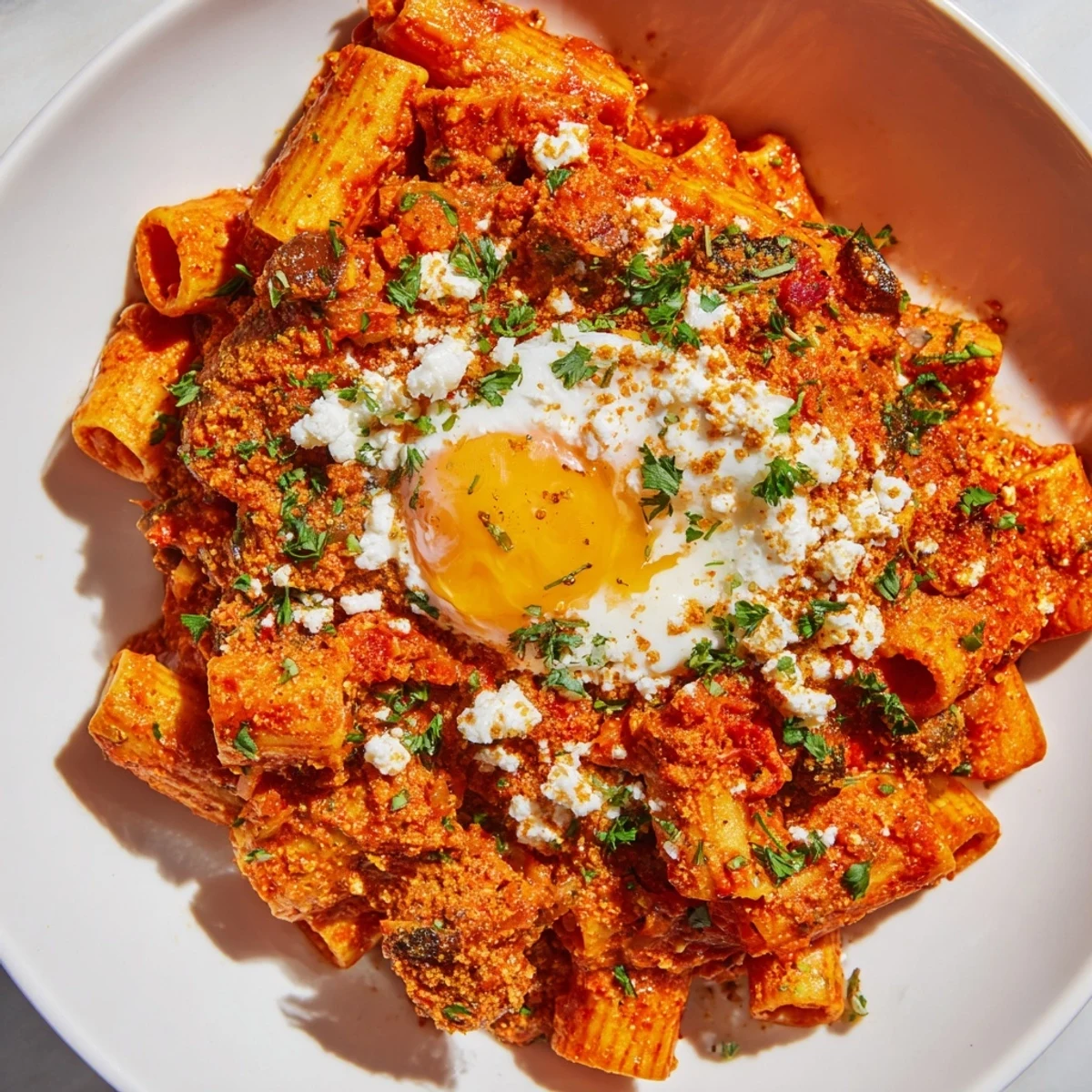 Quick Shakshuka Pasta with fresh herbs and crumbled feta, offering a flavorful Mediterranean meal.