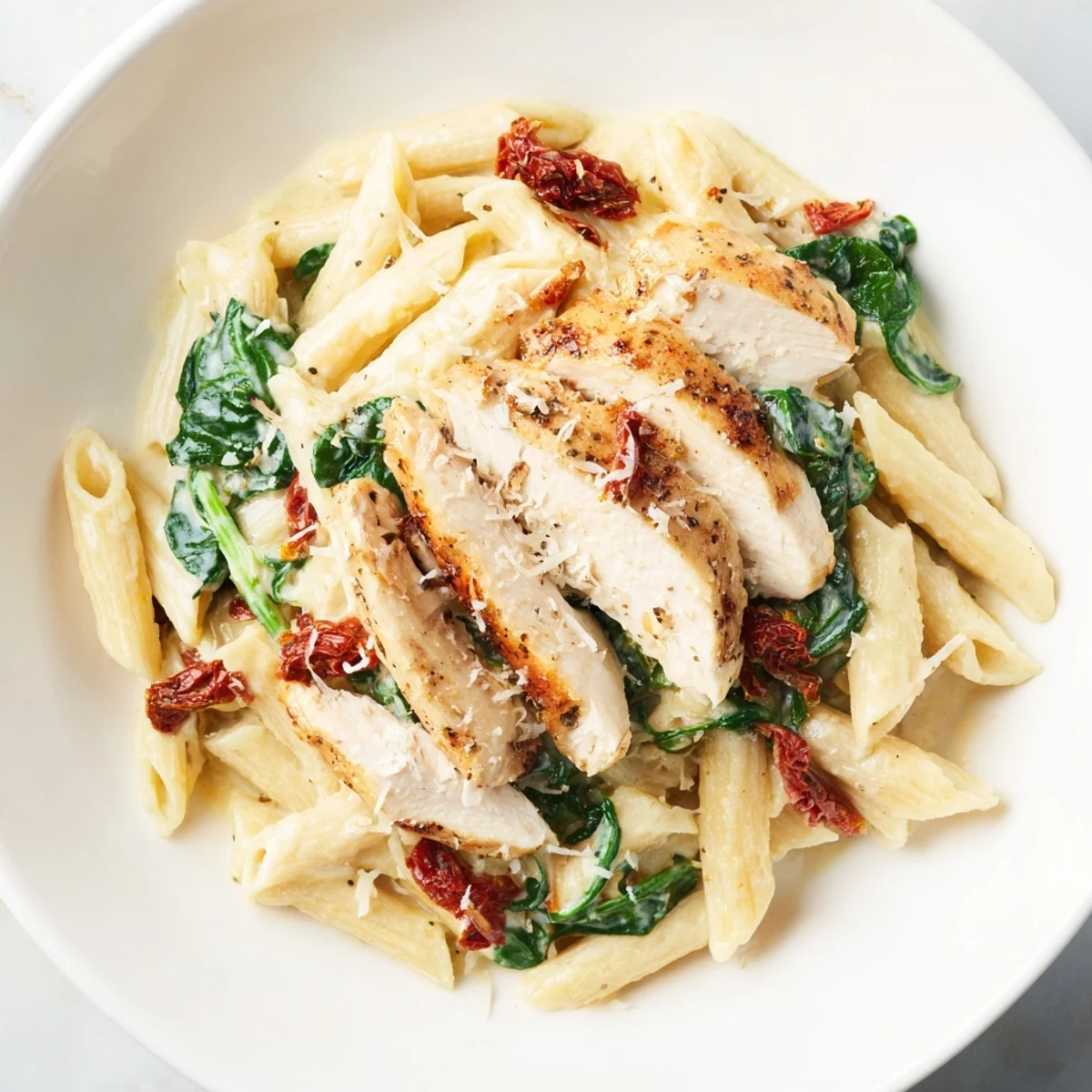 Creamy Tuscan Chicken Pasta, a vibrant dish with sun-dried tomatoes and creamy sauce.