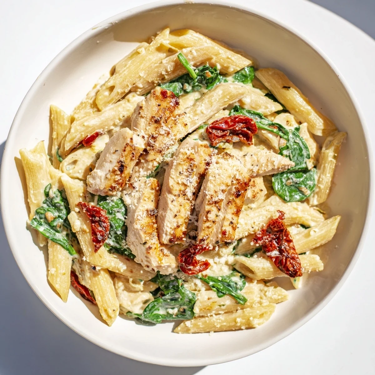 Close-up of Creamy Tuscan Chicken Pasta, showcasing tender chicken with spinach and Parmesan.