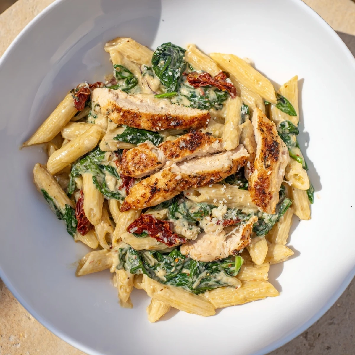 Delicious Creamy Tuscan Chicken Pasta, ready to serve with fresh basil and extra Parmesan cheese.