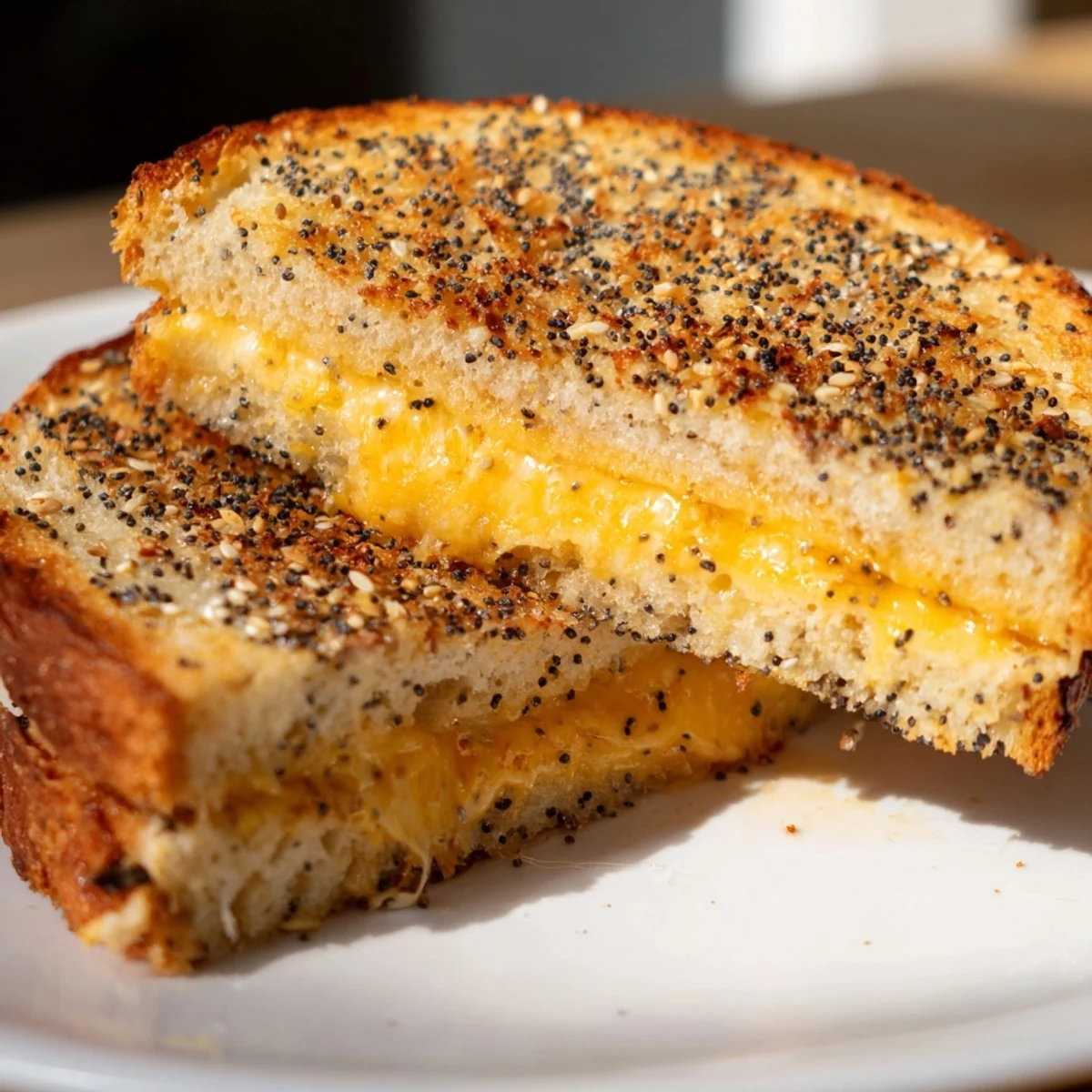 Here are three German ALT texts for the "Everything Bagel Grilled Cheese" recipe image, following the specified guidelines: