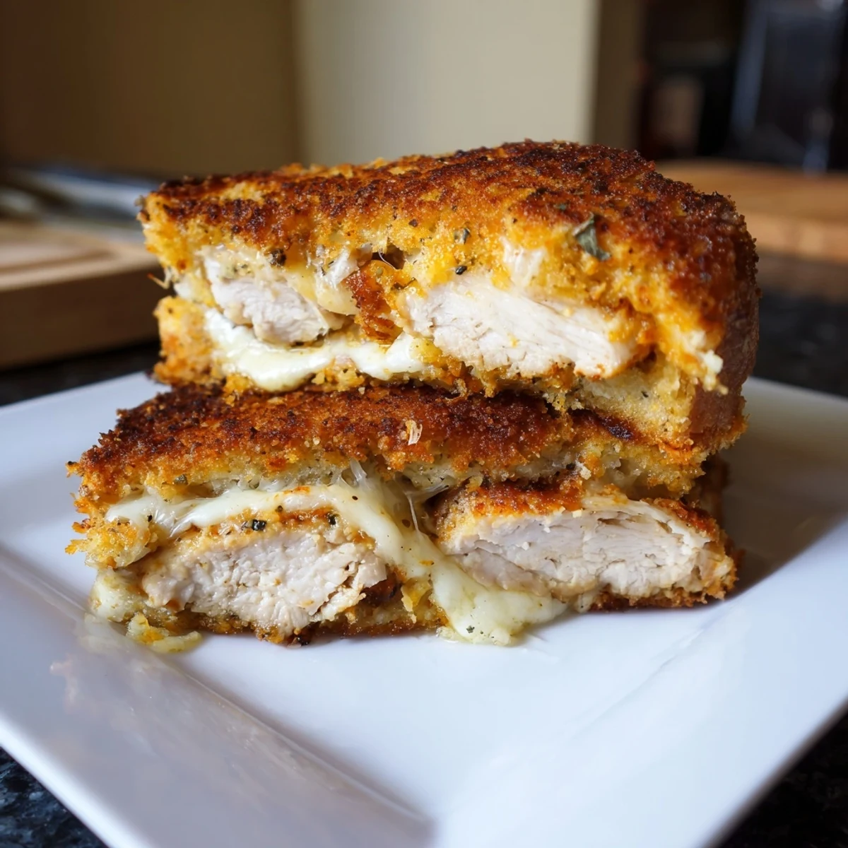 Crispy Parmesan Chicken Thighs Grilled Cheese, golden, melty cheese oozing from a toasted sandwich.