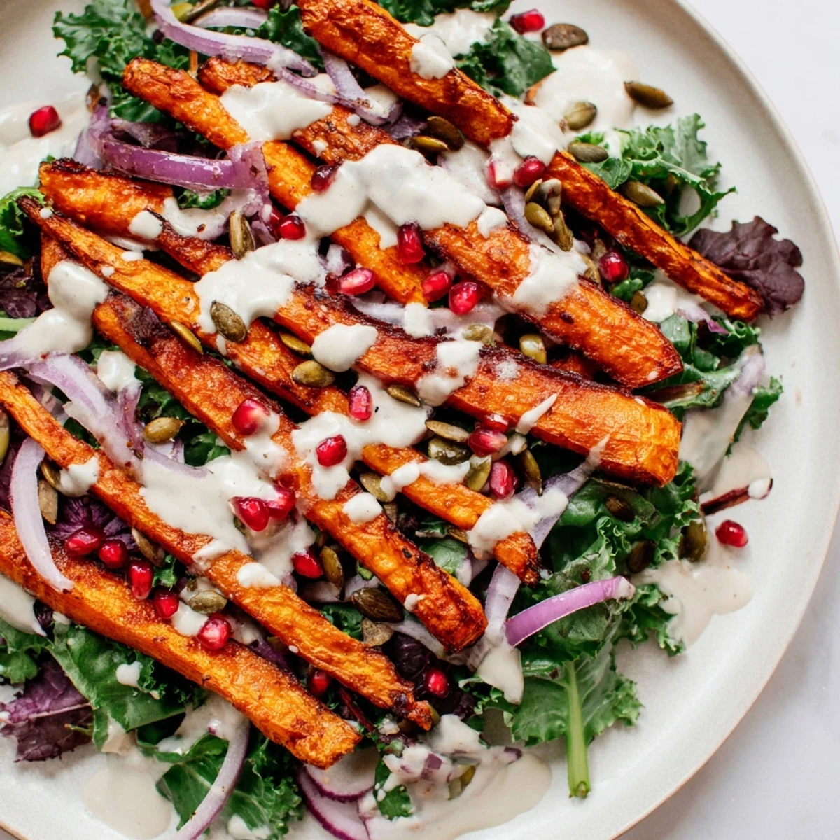 Roasted Carrot Salad with Tahini-Lemon Drizzle: Golden roasted carrots and fresh greens drizzled with creamy tahini-lemon dressing.