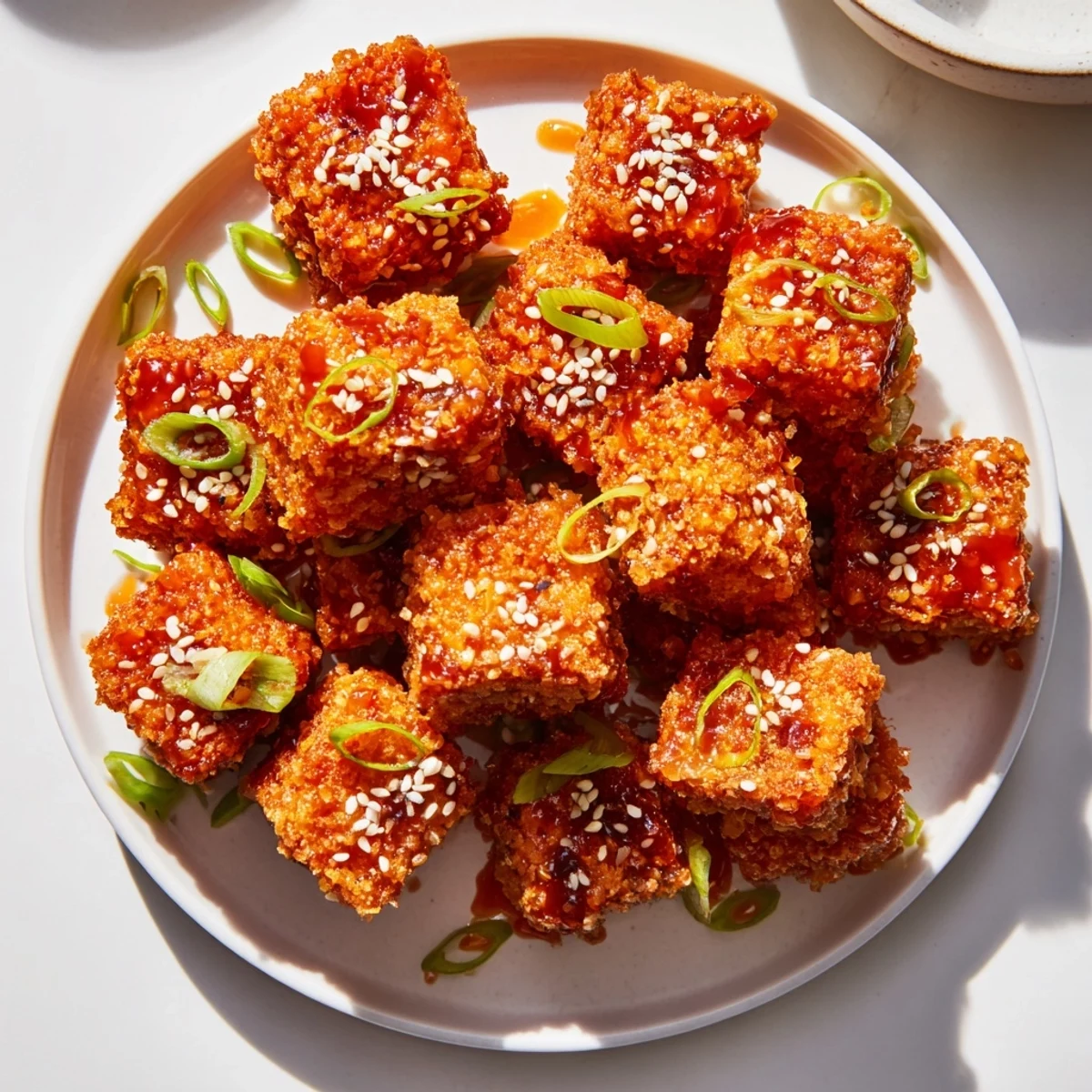 Crispy, golden Honey Sriracha Tofu Nuggets ready to be tossed perfectly with glaze; a delicious appetizer.