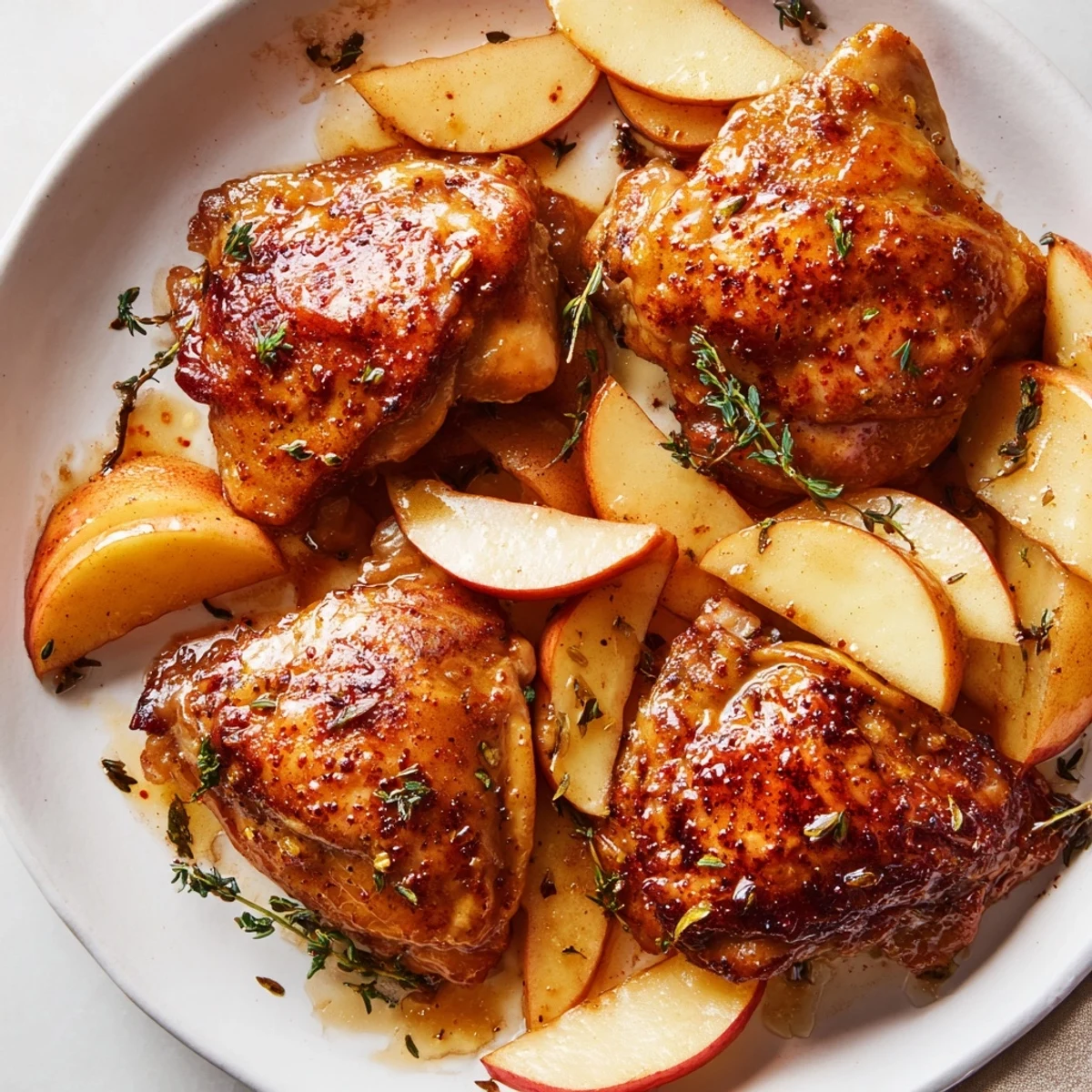 Sticky Maple Apple Chicken, glistening and golden, baked to perfection with tender apples.