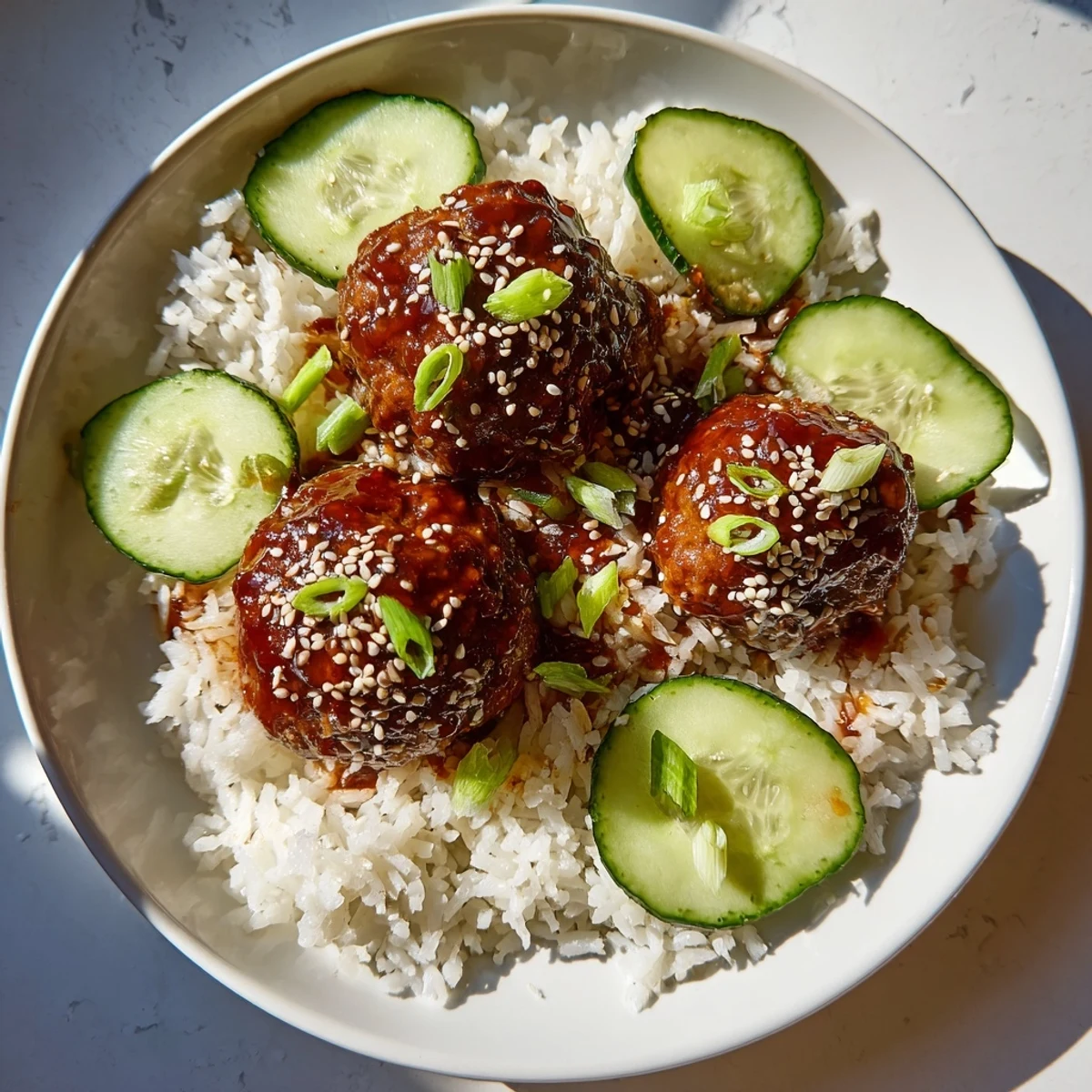 Tender teriyaki meatball bowls simmered in sweet sauce, served atop fluffy rice with sliced cucumbers.