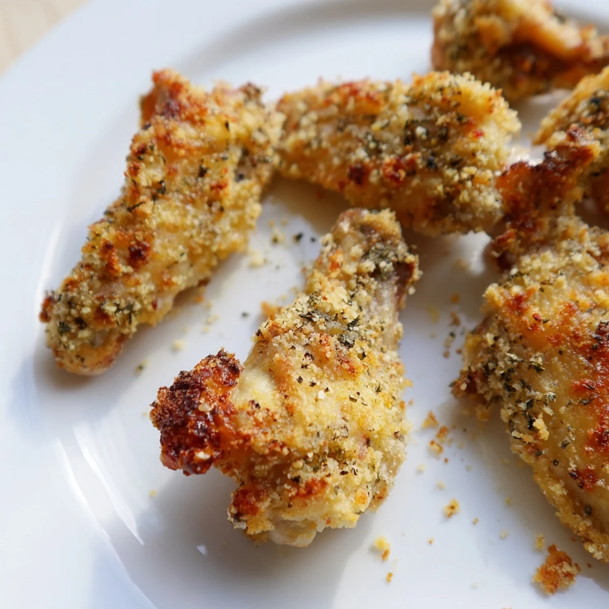 Nahaufnahme von perfekt gebackenen Parmesan-Hähnchenflügeln, die bereit zum Servieren und Genießen sind.