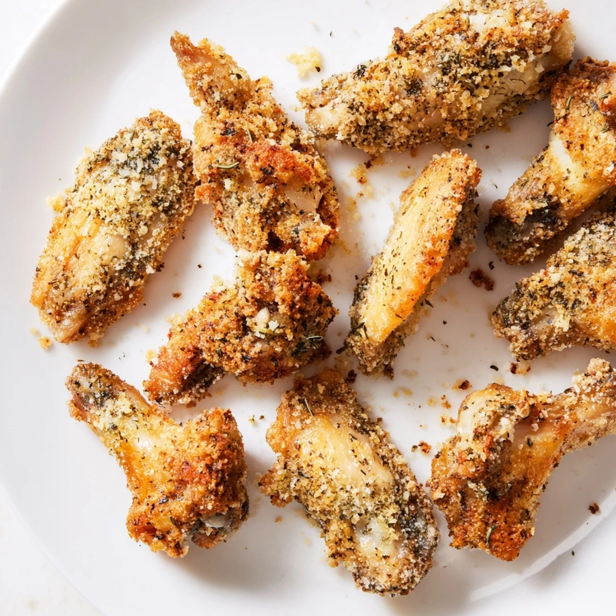 Diese Parmesan-Hähnchenflügel, frisch gebacken, glänzen goldfarben und sehen verlockend aus.