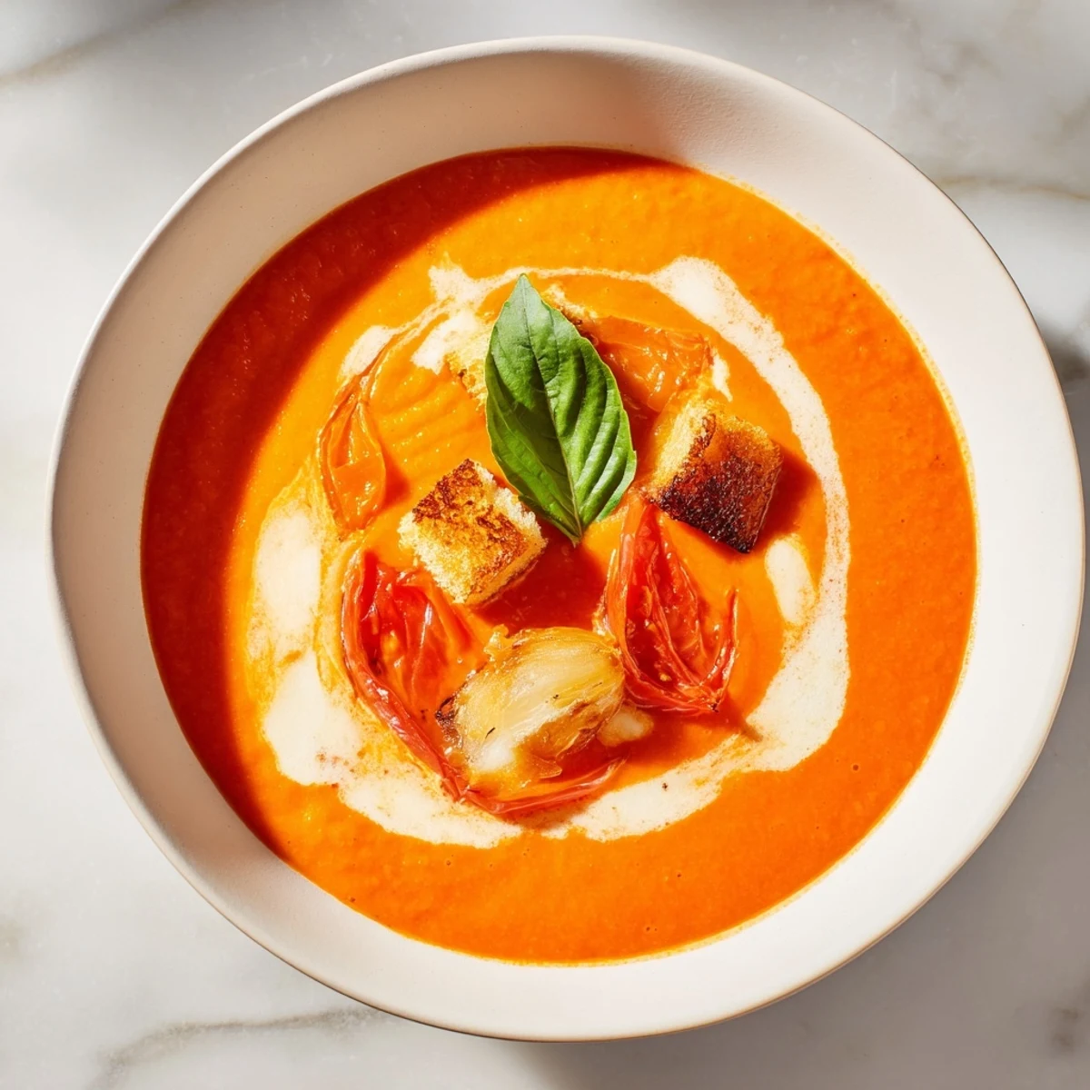 Köstliche cremige, geröstete Knoblauch-Tomatensuppe, garniert mit frischem Basilikum und serviert heiß.