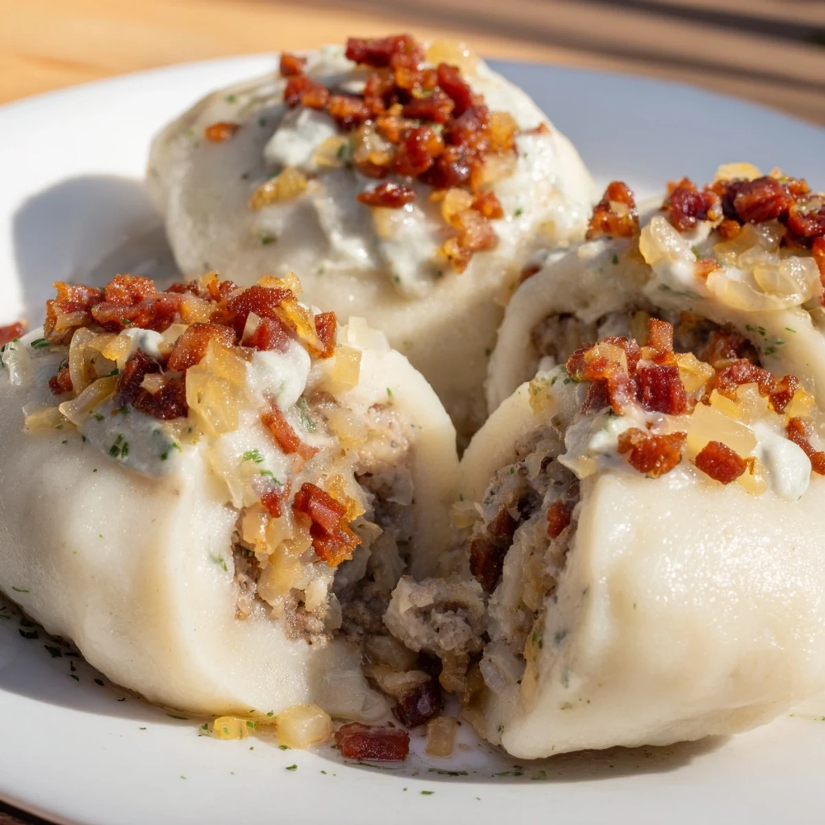 A steaming plate of Lithuanian Cepelinai, topped with crispy bacon and creamy sour cream.