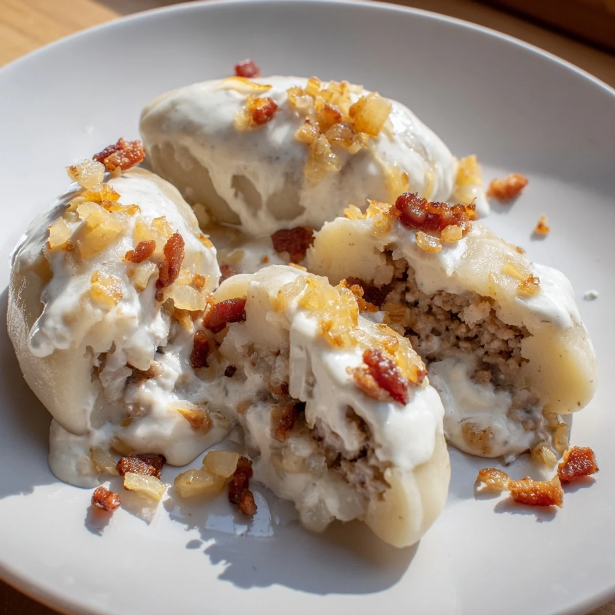 Tender Lithuanian Cepelinai, with a golden-brown exterior, swimming in a rich, savory sauce.