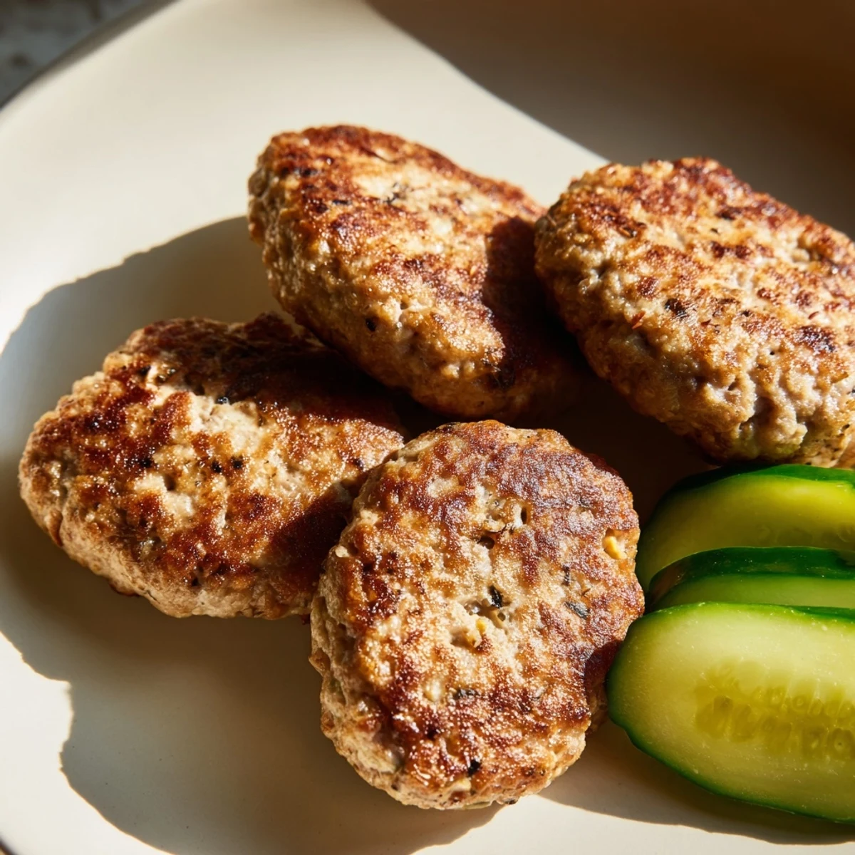 Golden-brown Danish Frikadeller meatballs sizzling in a pan, ready to be served with pickles.