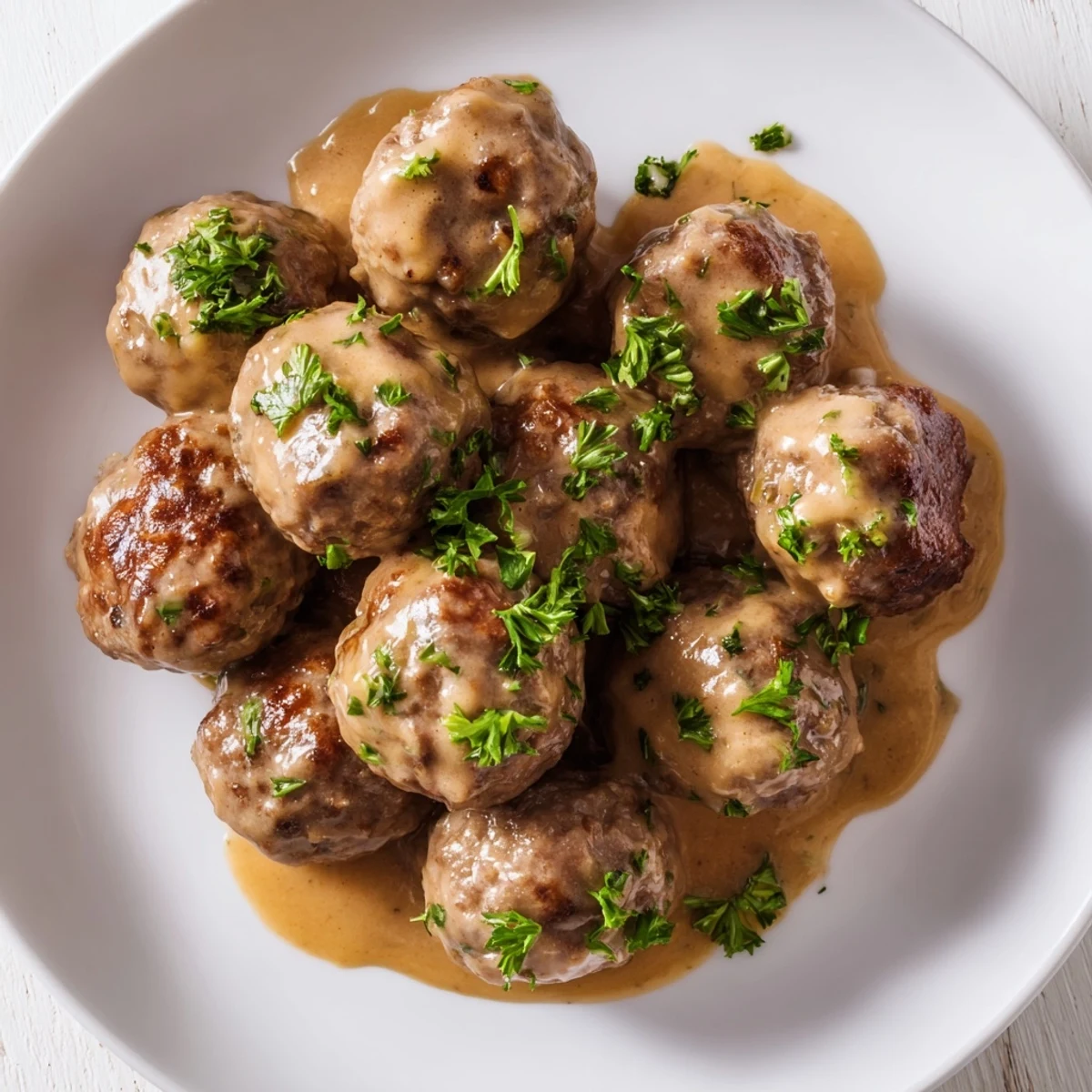 Golden-brown Swedish Meatballs swimming in a creamy, savory gravy, ready to be served.