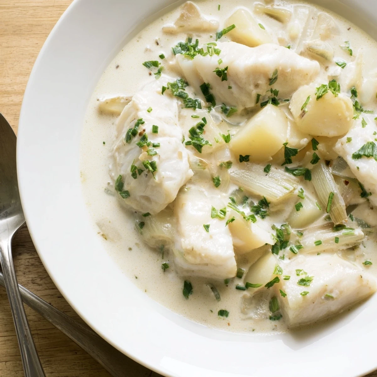 Creamy Icelandic Fish Stew, filled with tender fish and potatoes, garnished with fresh herbs.