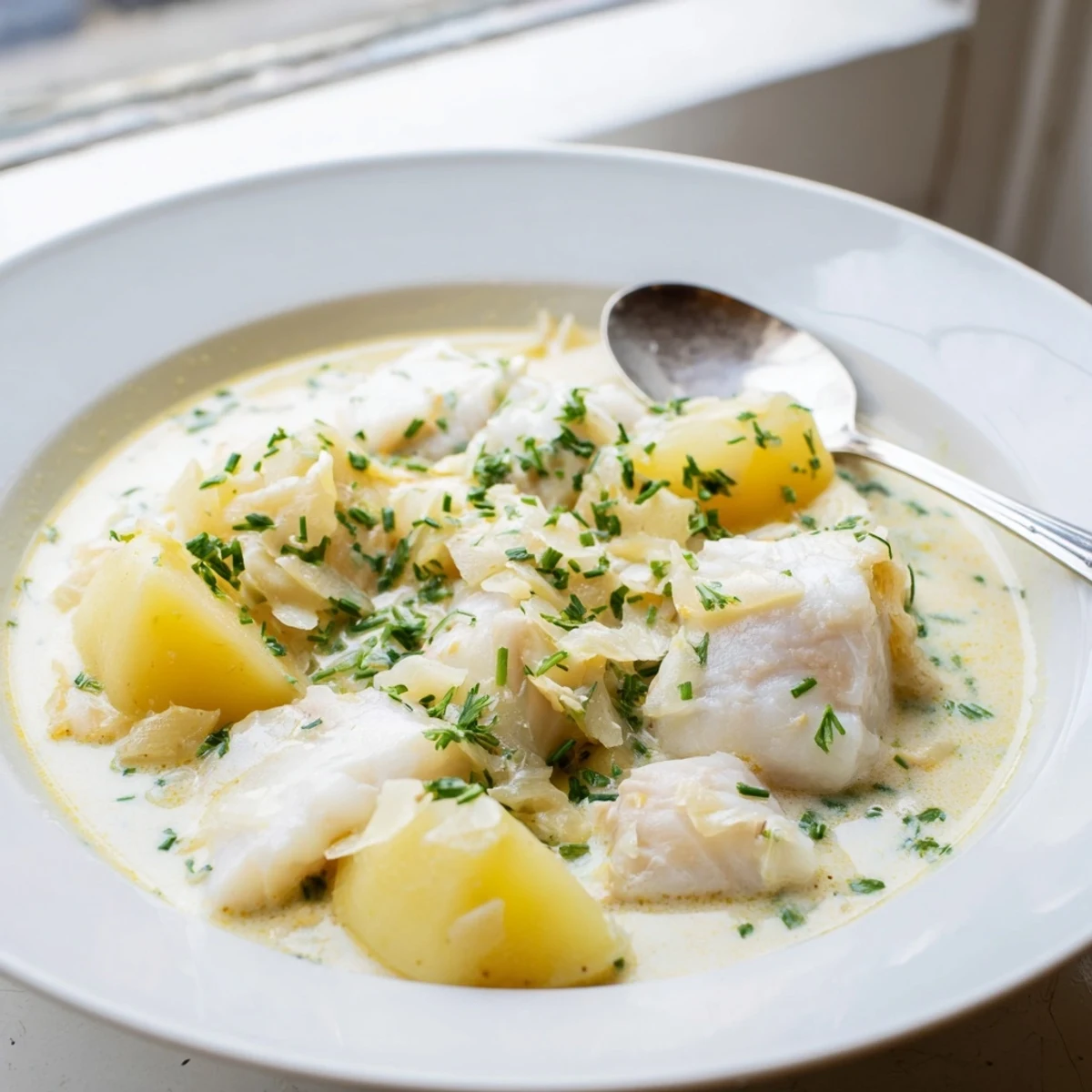 Close-up shot shows rich, creamy Icelandic Fish Stew with flaky white fish.