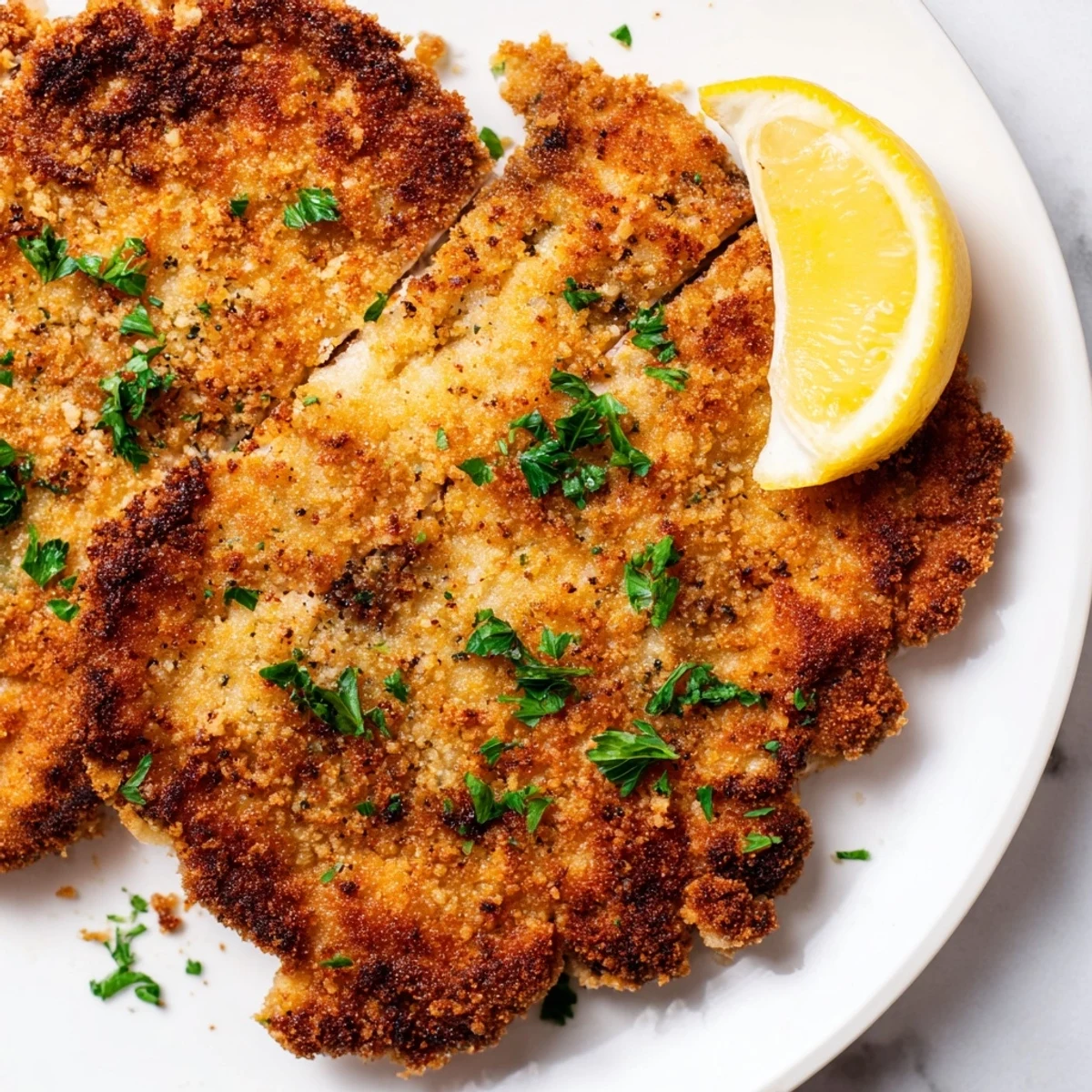Enjoy the delicious texture of a pan-fried German Schnitzel cutlet alongside a fresh, tangy lemon wedge.