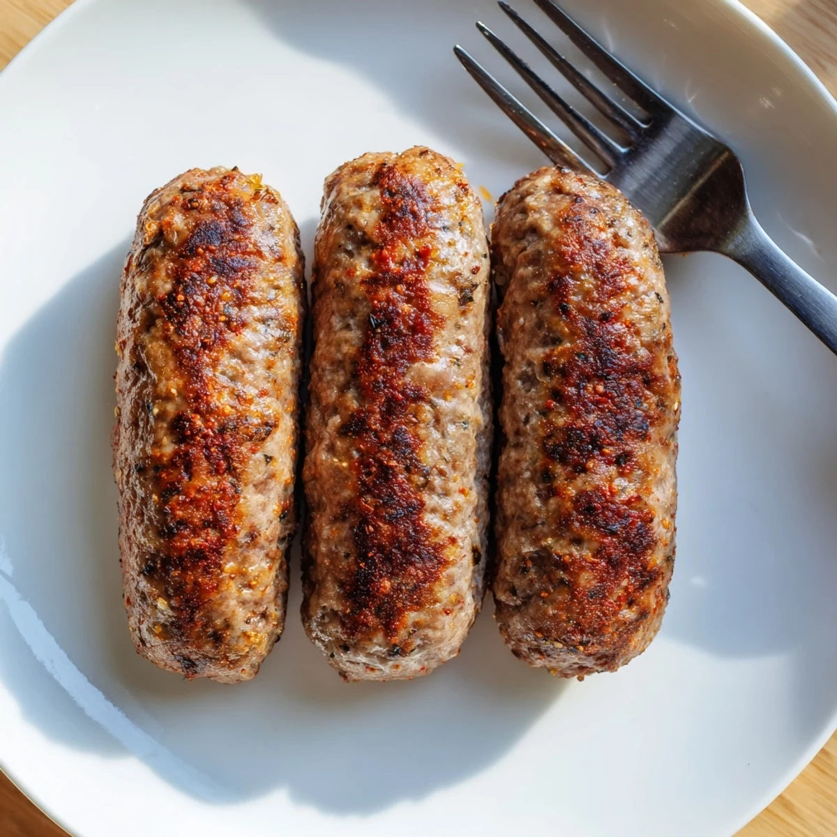 Tender, grilled Romanian mici sausages, browned and sizzling, ready to be served hot.