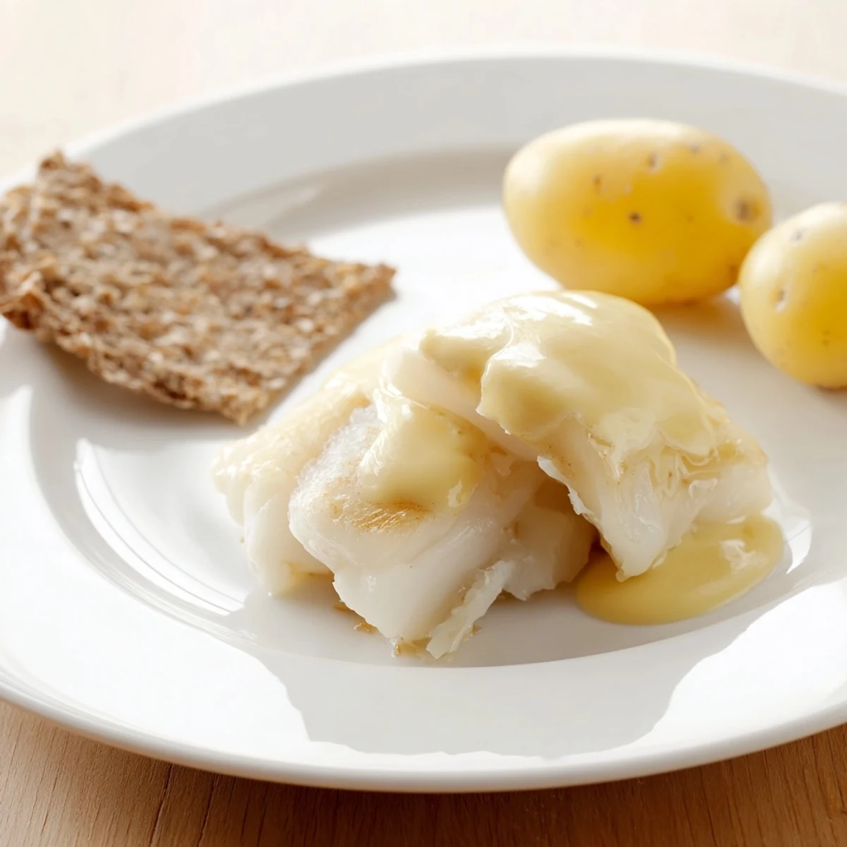 Flaky Norwegian Lutefisk with creamy mustard sauce, served alongside potatoes and crispbread for a festive meal.