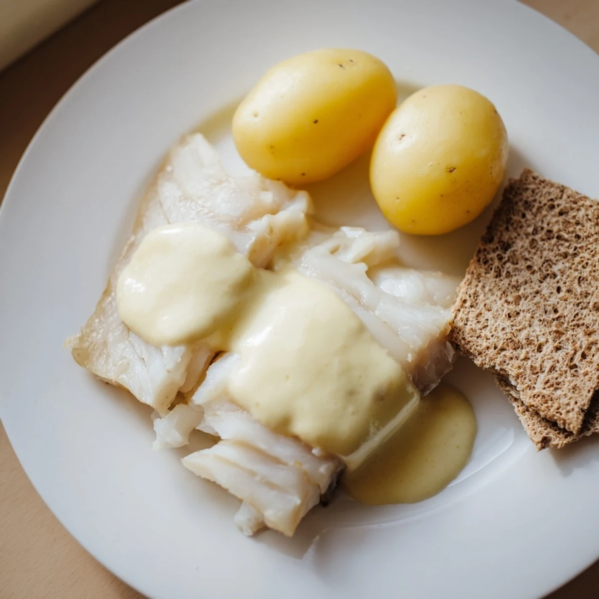 Steaming hot Norwegian Lutefisk, featuring tender whitefish and rich mustard sauce, ready to be enjoyed.